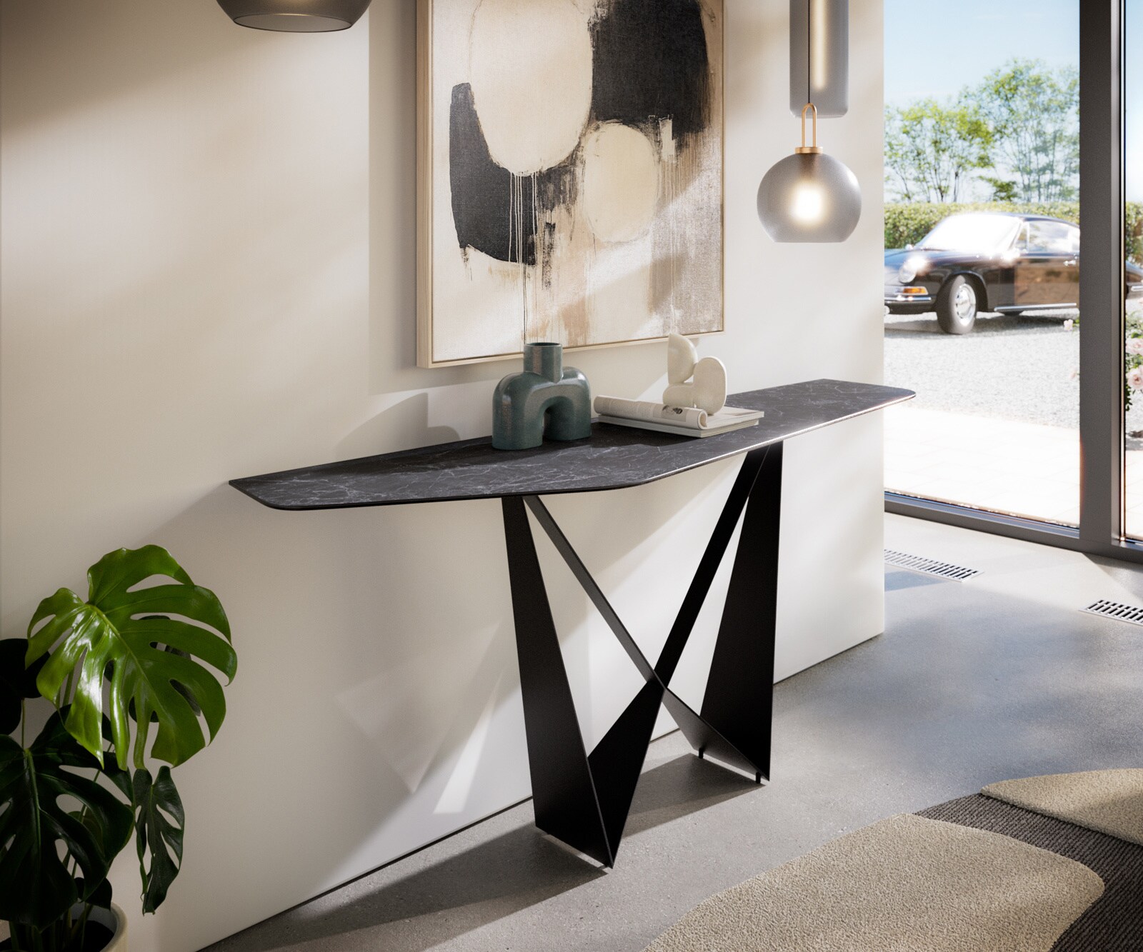 Console Edge Polygonal 180x50 cm Céramique Laminam® Nero Greco Anthrazit Spios Métal Noir