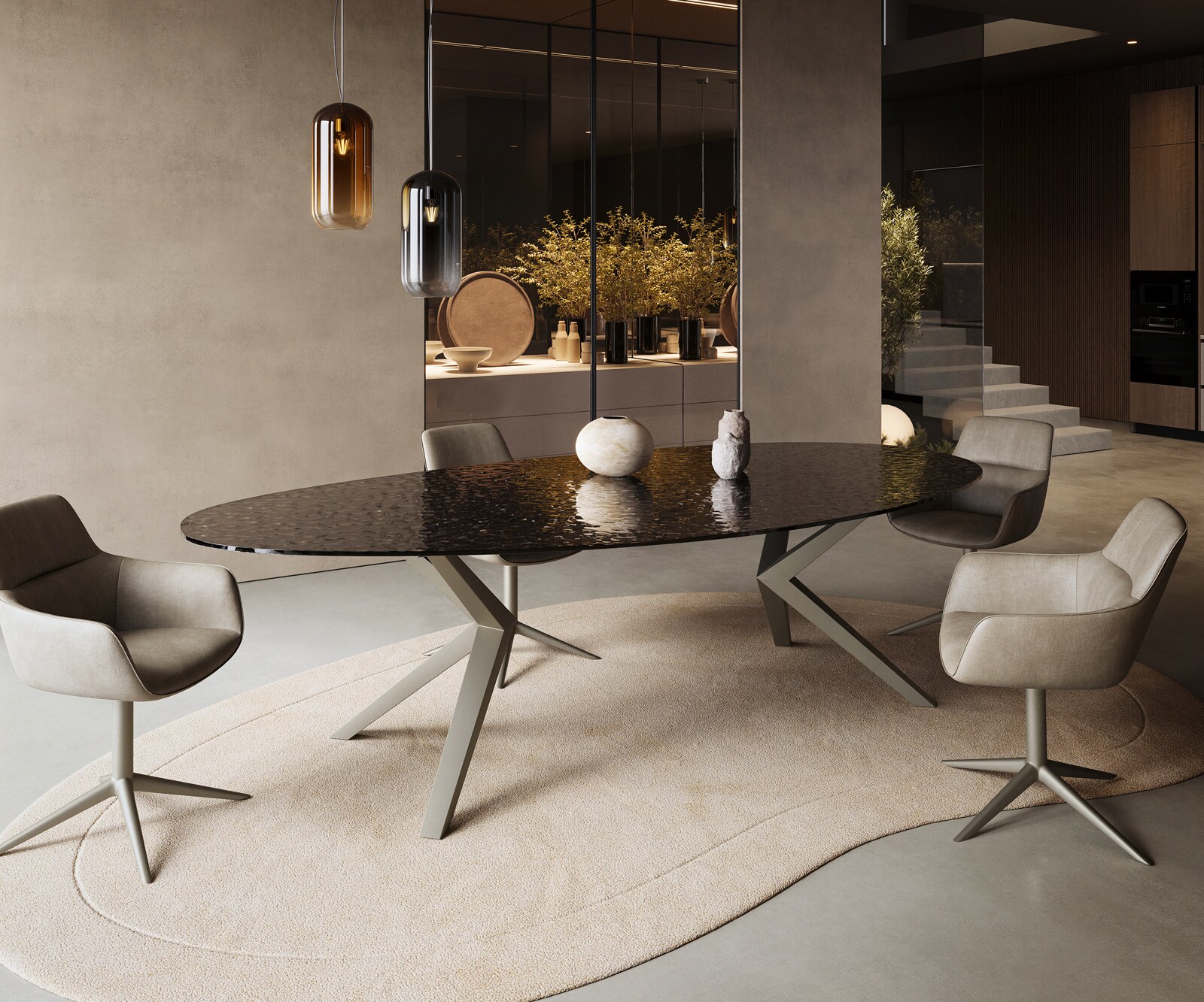 Table à manger Edge Ovale 280x130 Reliefglas RauchNoir 3D-Design Zenthara anguleux Métal finition à effet Titane 4