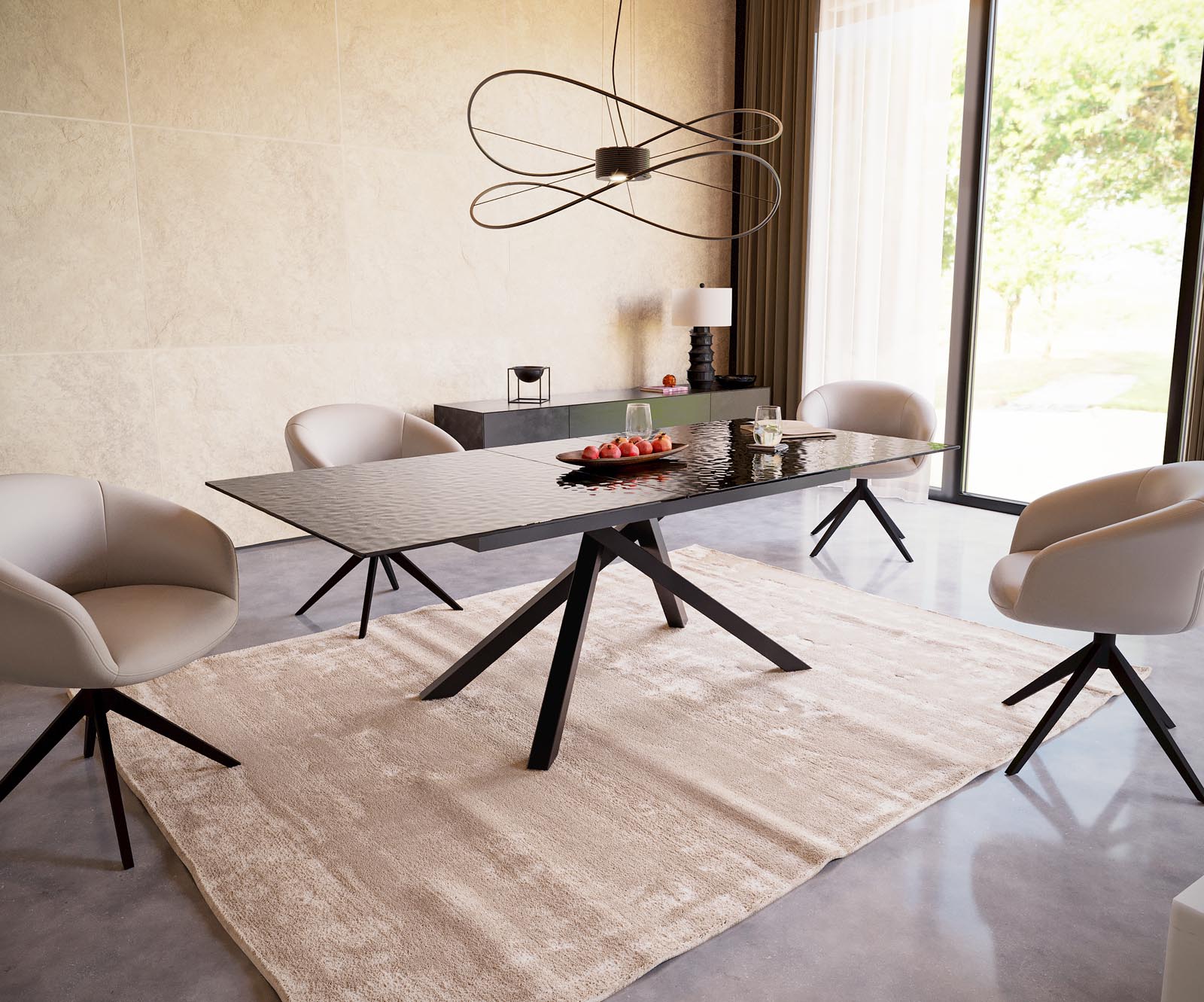 Table à manger Edge 180-220x100 verre fondu noir fumé relief en 3D cadre croisé rectangulaire noir extensible 6