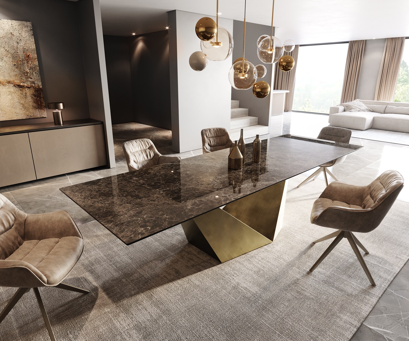 Table de salle à manger Edge Céramique Emperador Extra Lucidato Brun foncé 300x100 Prisma Métallique Or