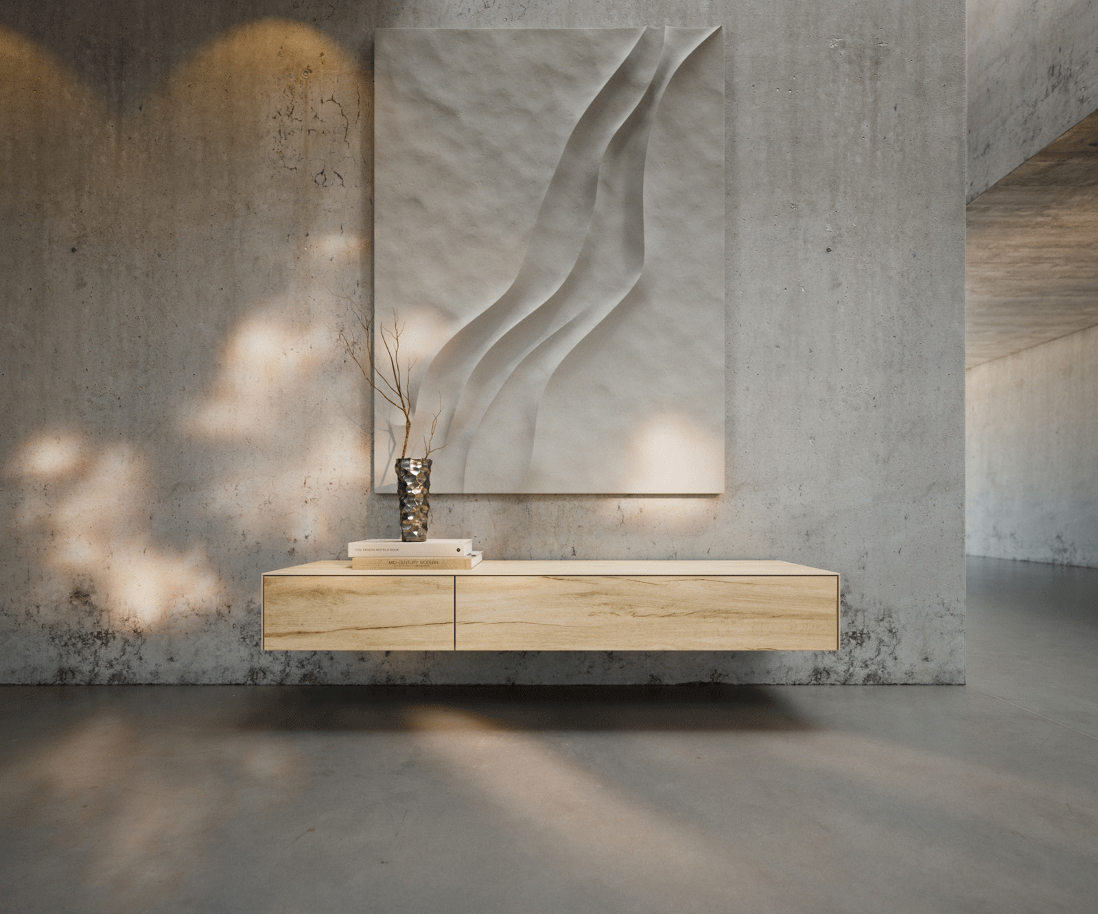 Meuble-TV Cuor 150 cm Céramique Laminam® Sabbia Teinte chêne 1 Clapet 1 Tiroir Flottant 1