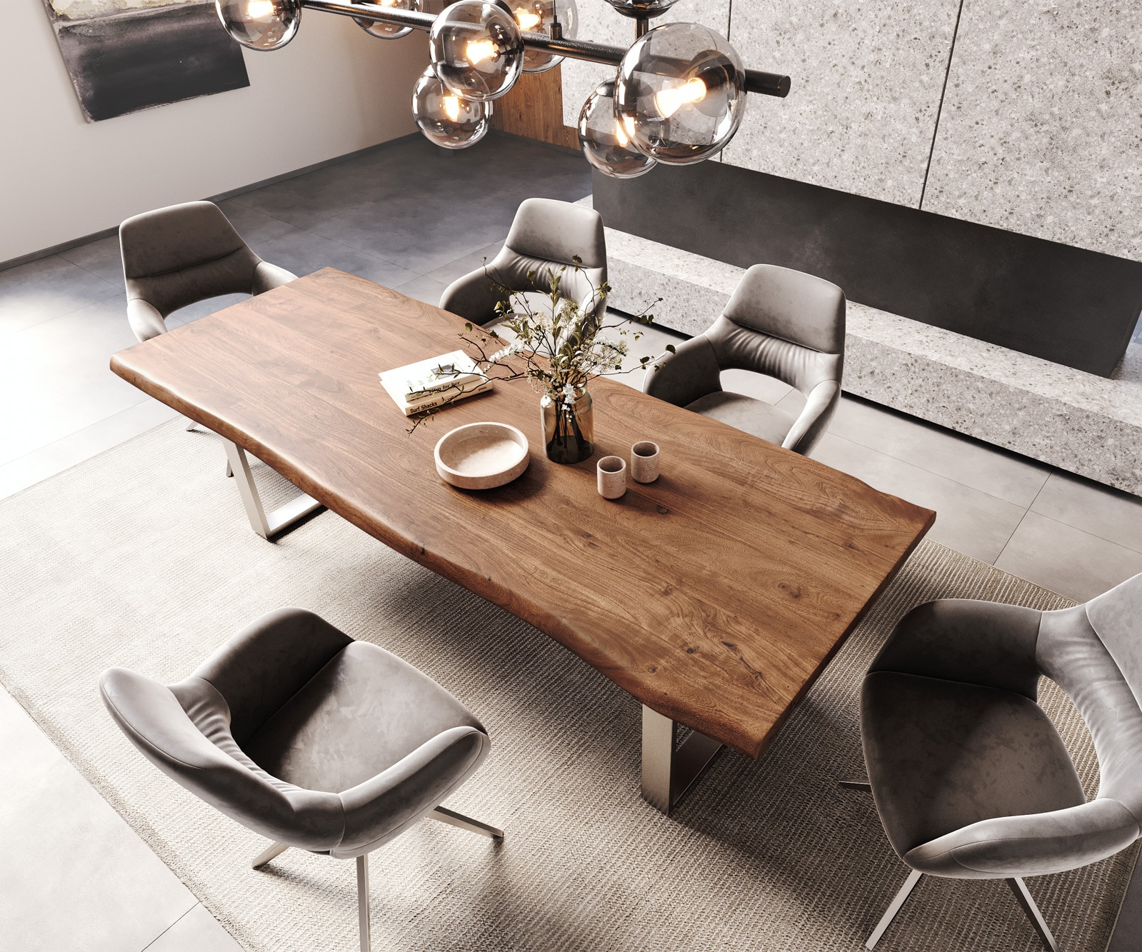 Table-à-manger Edge 260x100 XL acacia marron acier inoxydable mince Live-Edge 3 Table-à-manger Edge 260x100 XL acacia marron acier inoxydable mince Live-Edge 3