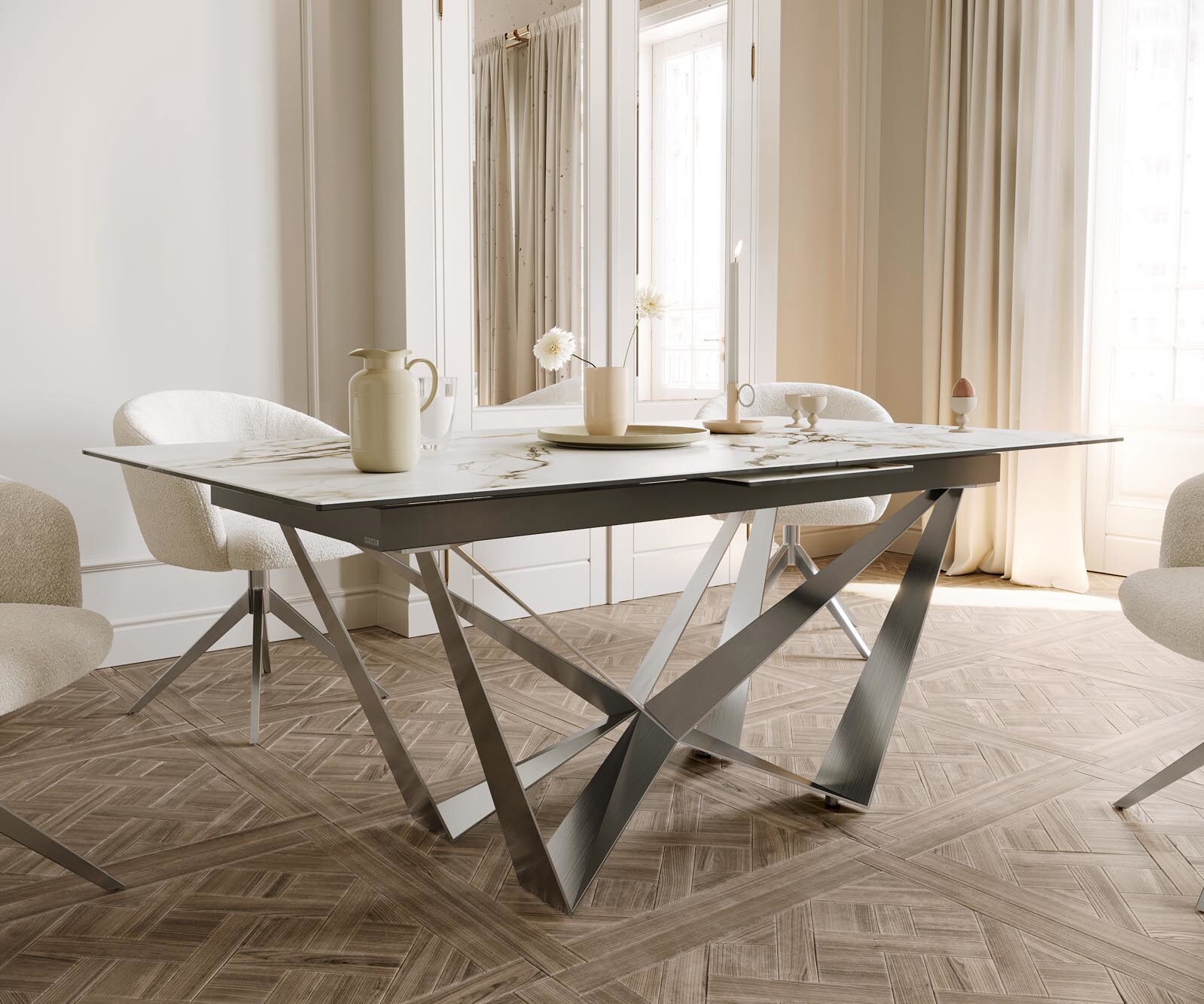 Table à manger Edge 180-220x100 céramique Calacatta Luxe blanc-doré-gris Spider acier plat acier inoxydable extensible 4