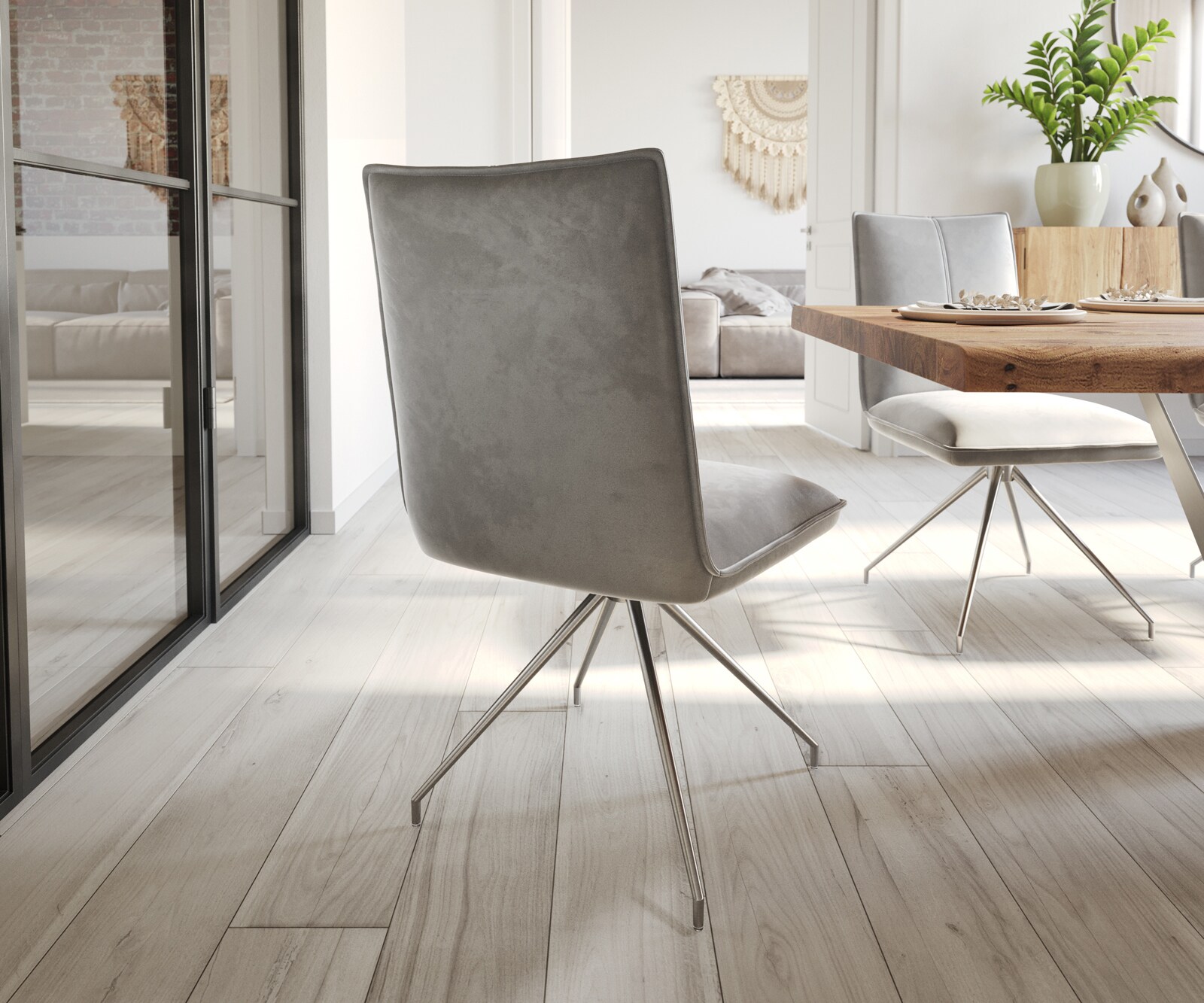 Chaise-de-salle-à-manger Lelio-Flex velours gris pied croisé conique acier inoxydable brossé ressorts ensachés 4 Chaise-de-salle-à-manger Lelio-Flex velours gris pied croisé conique acier inoxydable brossé ressorts ensachés 4