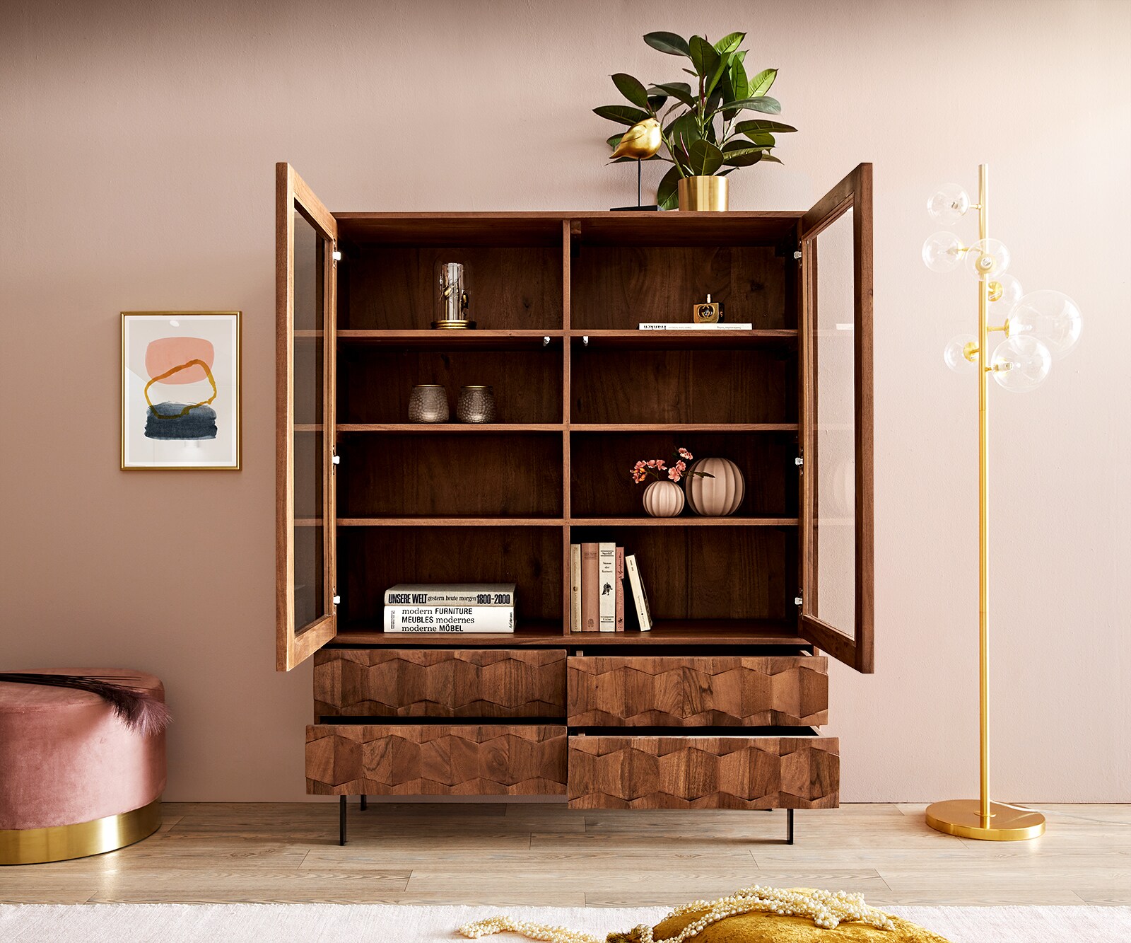 Vitrine Fevo 115x150 cm acacia marron Pied-L 3