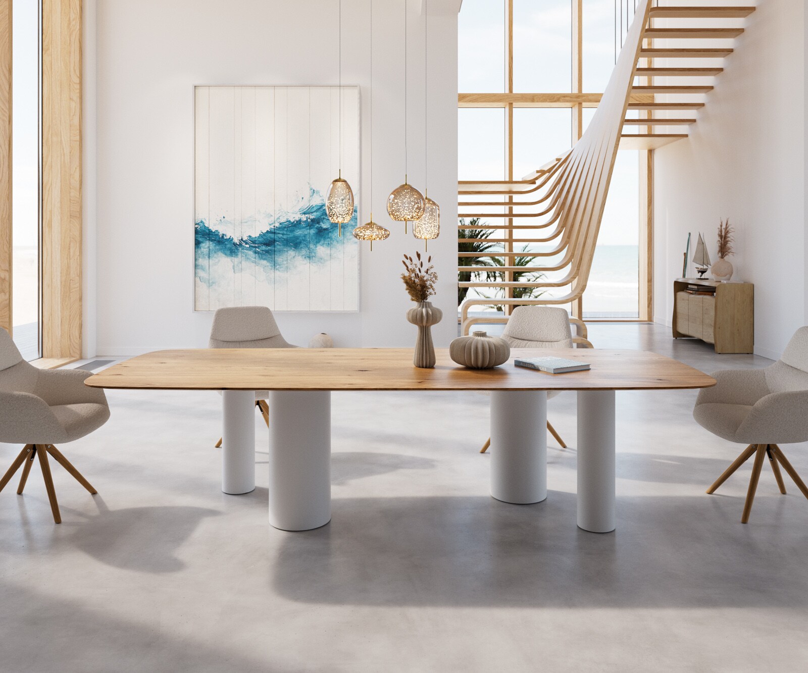 Table à manger Edge Boot 300x120x2,5-3 Chêne Nature Pilier Métal Blanc Bord suisse 1