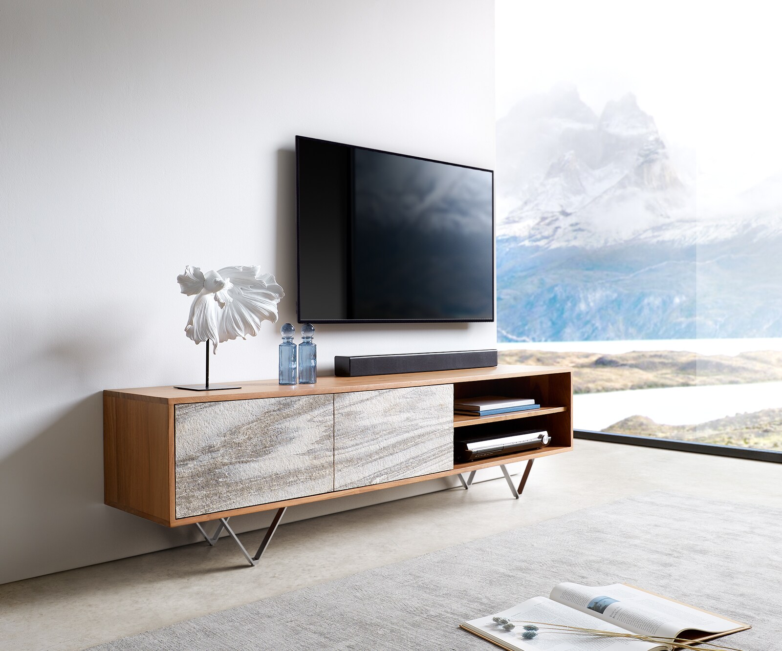 Lowboard Kleo acacia naturel Placage de pierre blanc 2