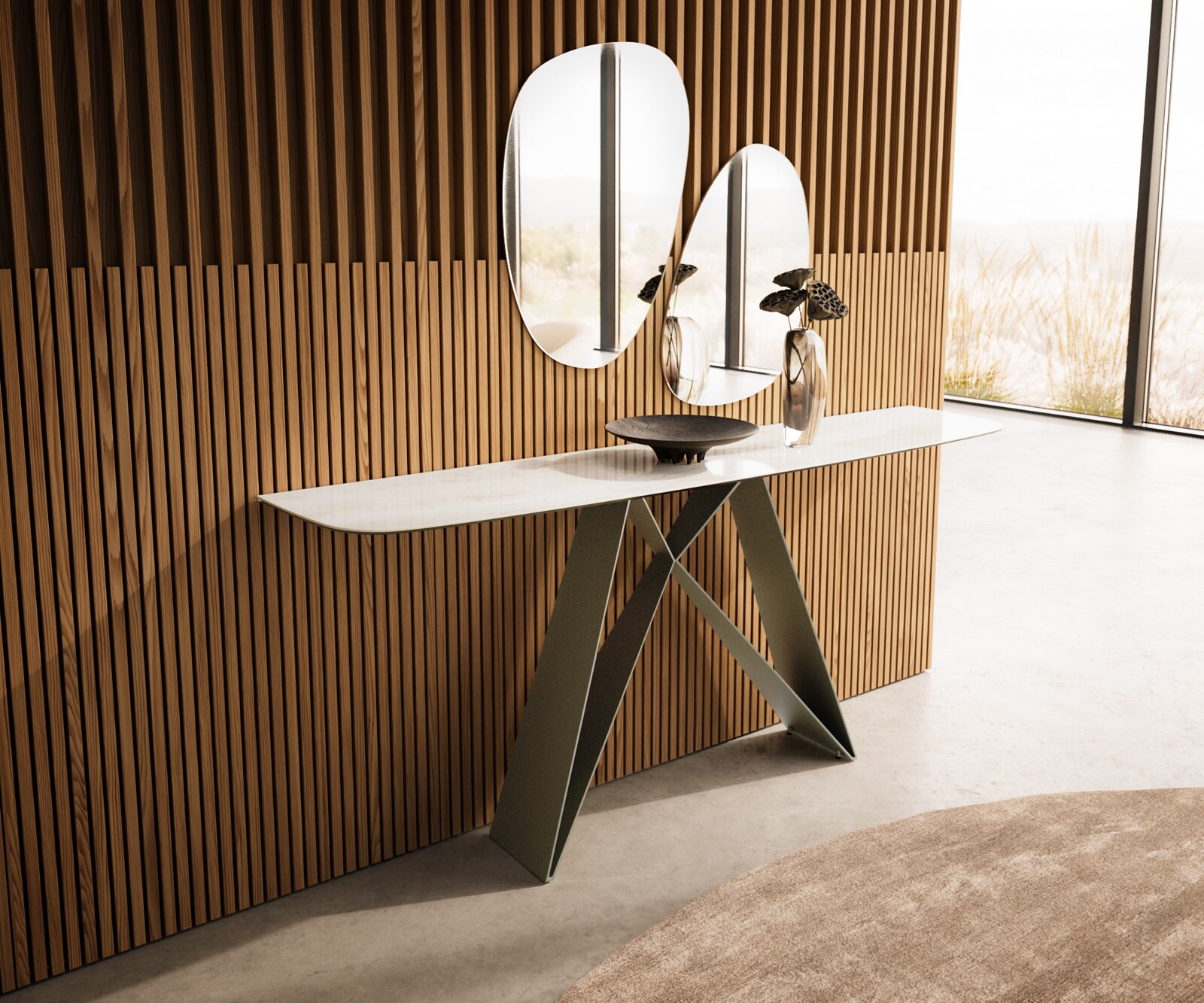 Console Edge forme bateau 180x40 cm Céramique Onyx Champagne Velio Métal Effektfinish Titan 4