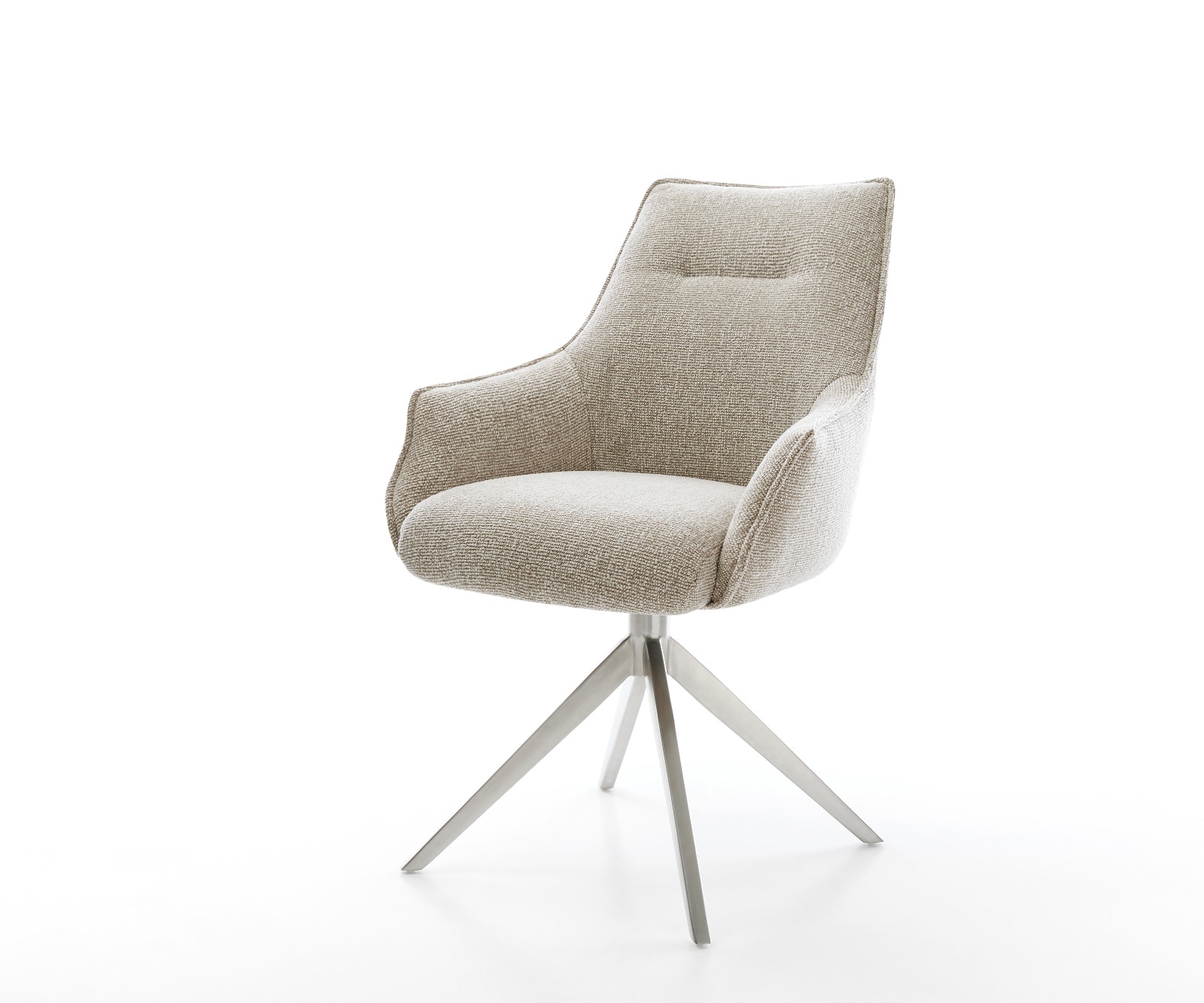 Chaise-pivotante Alja-Flex avec accoudoirs tissu tissé doux beige pied croisé large acier inoxydable pivotement sur 360° fonction bascule resorts ensachés