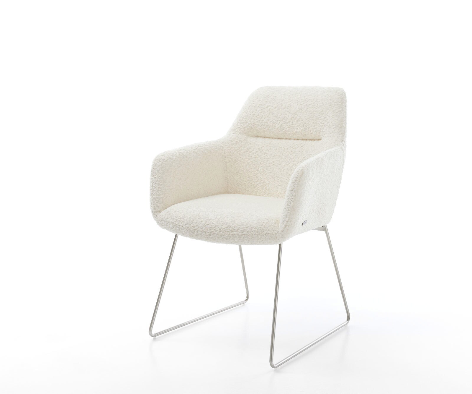 Chaise-de-salle-à-manger Pejo-Flex bouclé blanc pied trapèze acier inoxydable brossé ressorts ensachés