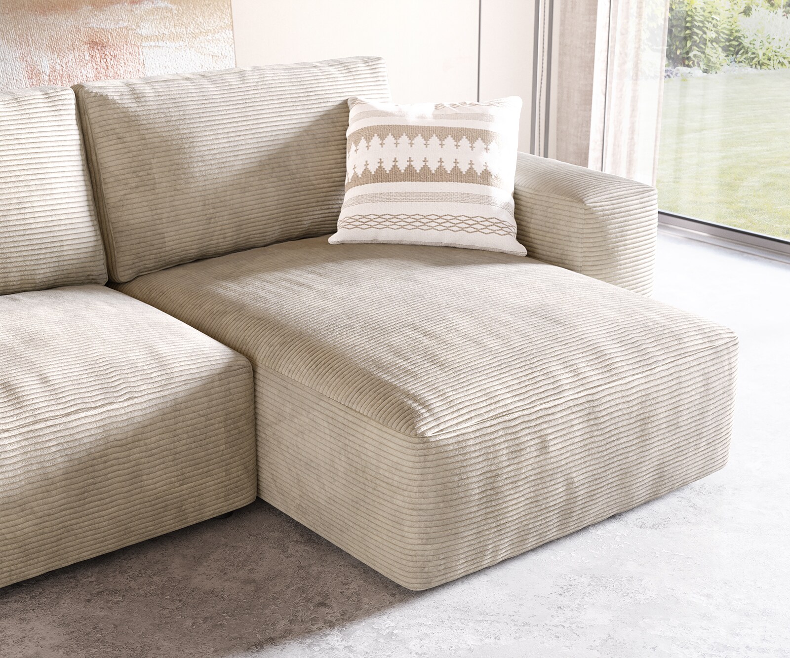 Canapé d’angle Lanzo 230x155 cm velours côtelé beige méridienne réversible 5
