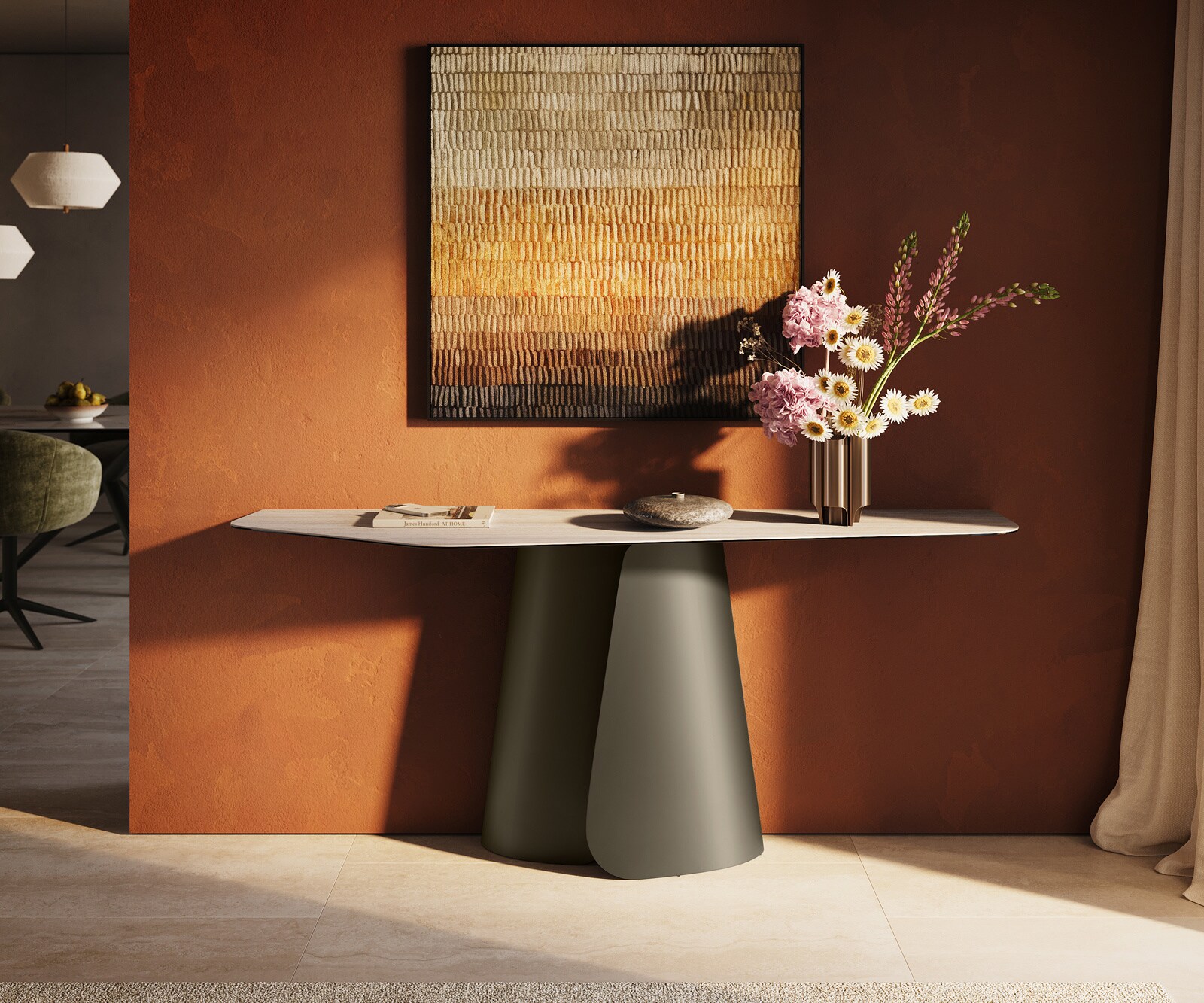 Console Edge Polygonal 180x50 cm Céramique Laminam® Travertino Bianco Creme-Weiß Livos Métal Effektfinish Titan 1