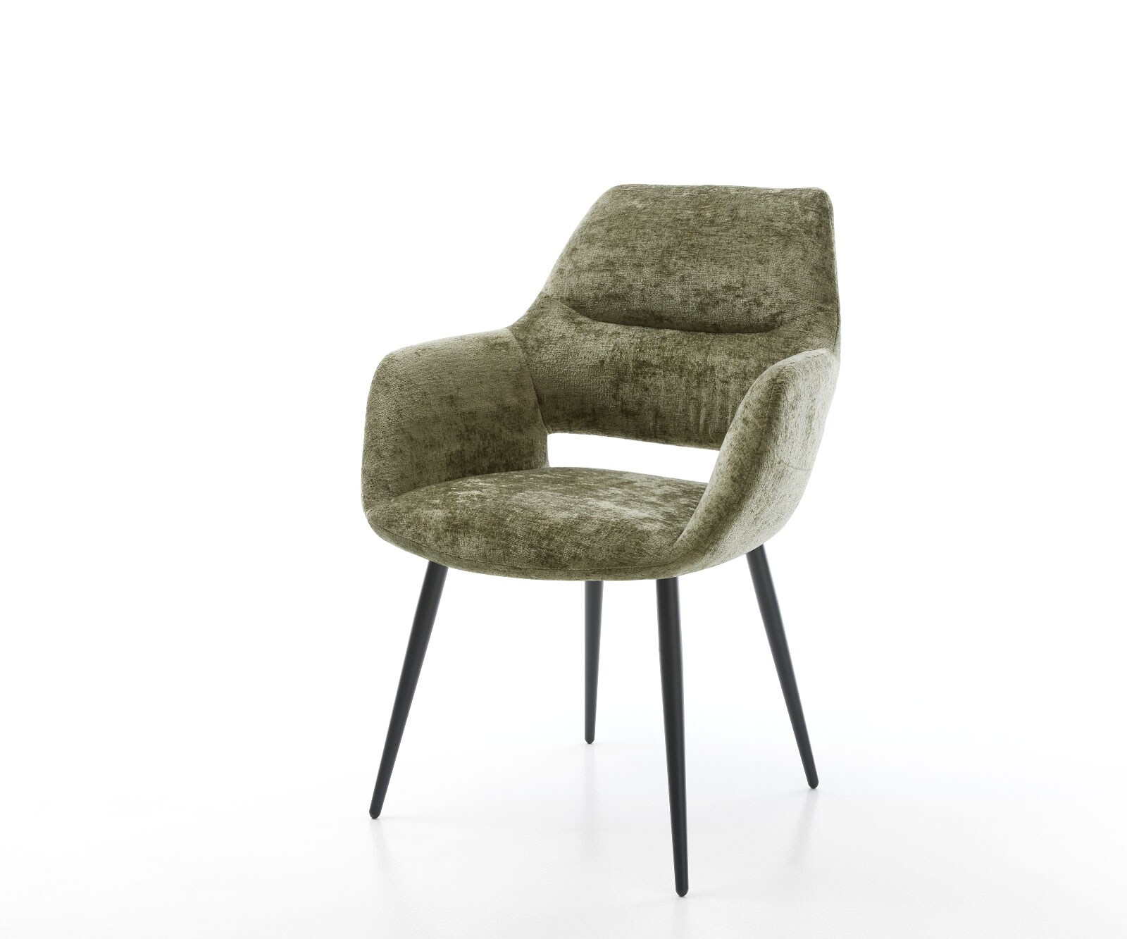 Chaise-de-salle-à-manger Yago-Flex avec accoudoirs chenille olive 4 pieds coniques noir ressorts ensachés
