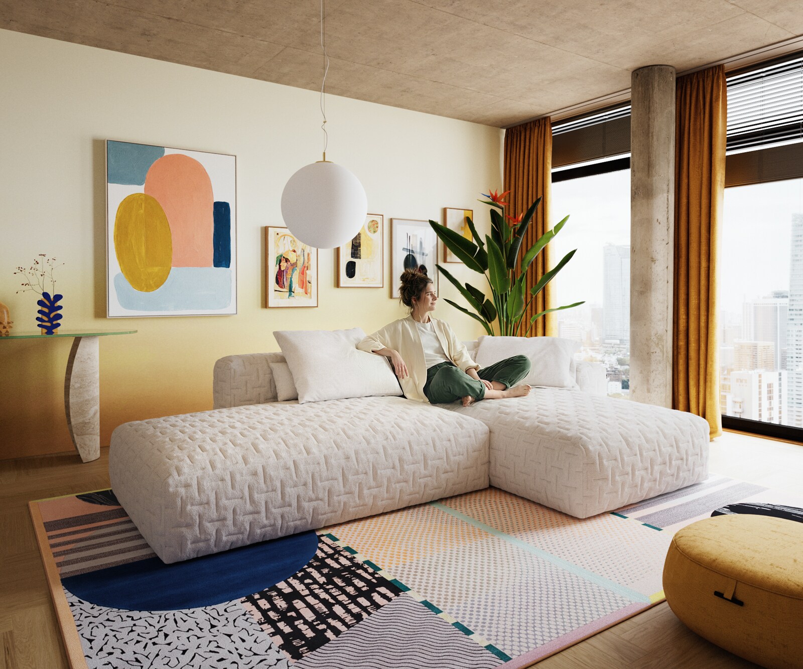 Canapé d'angle Freestyle 310x200 cm Bouclé doux Beige matelassé 1