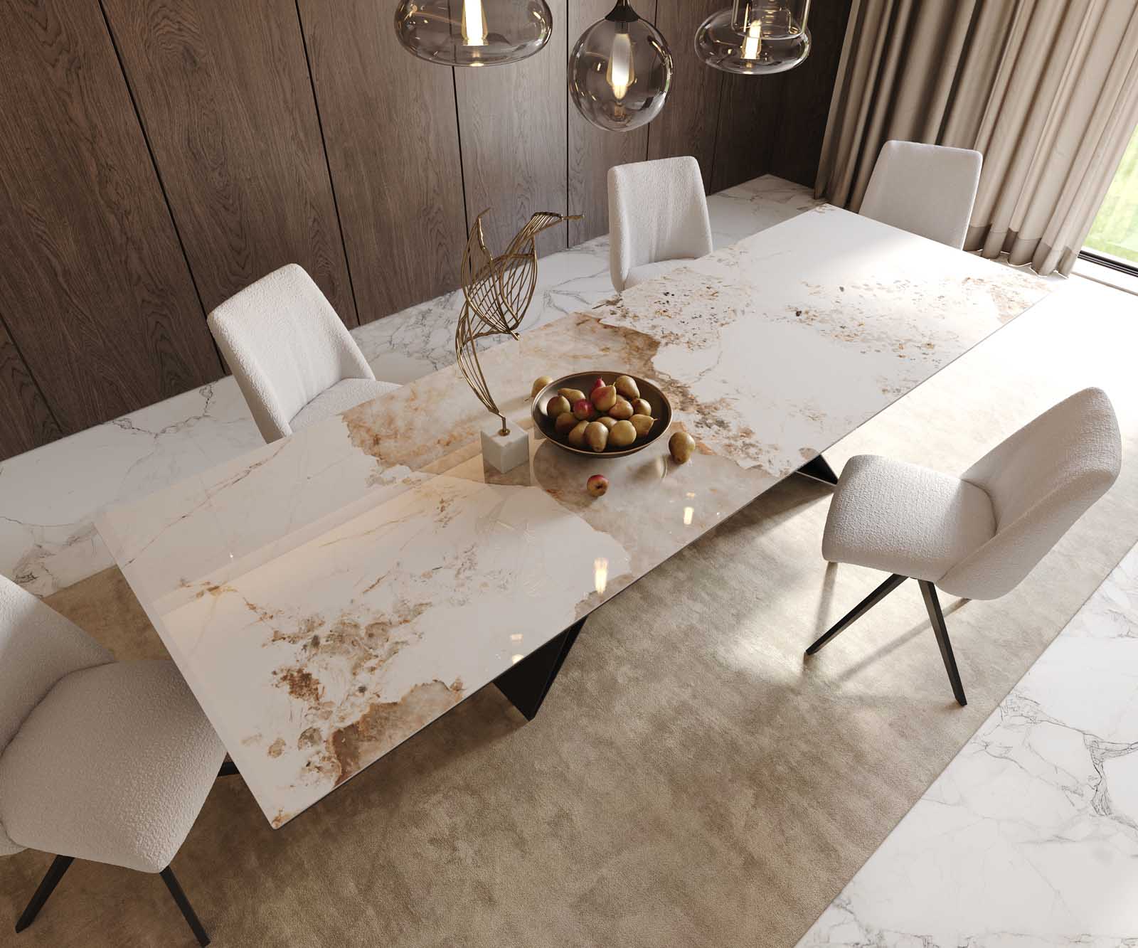 Table à manger Edge 300x100 céramique Minas mélange blanc-beige cadre en V acier plat noir 6