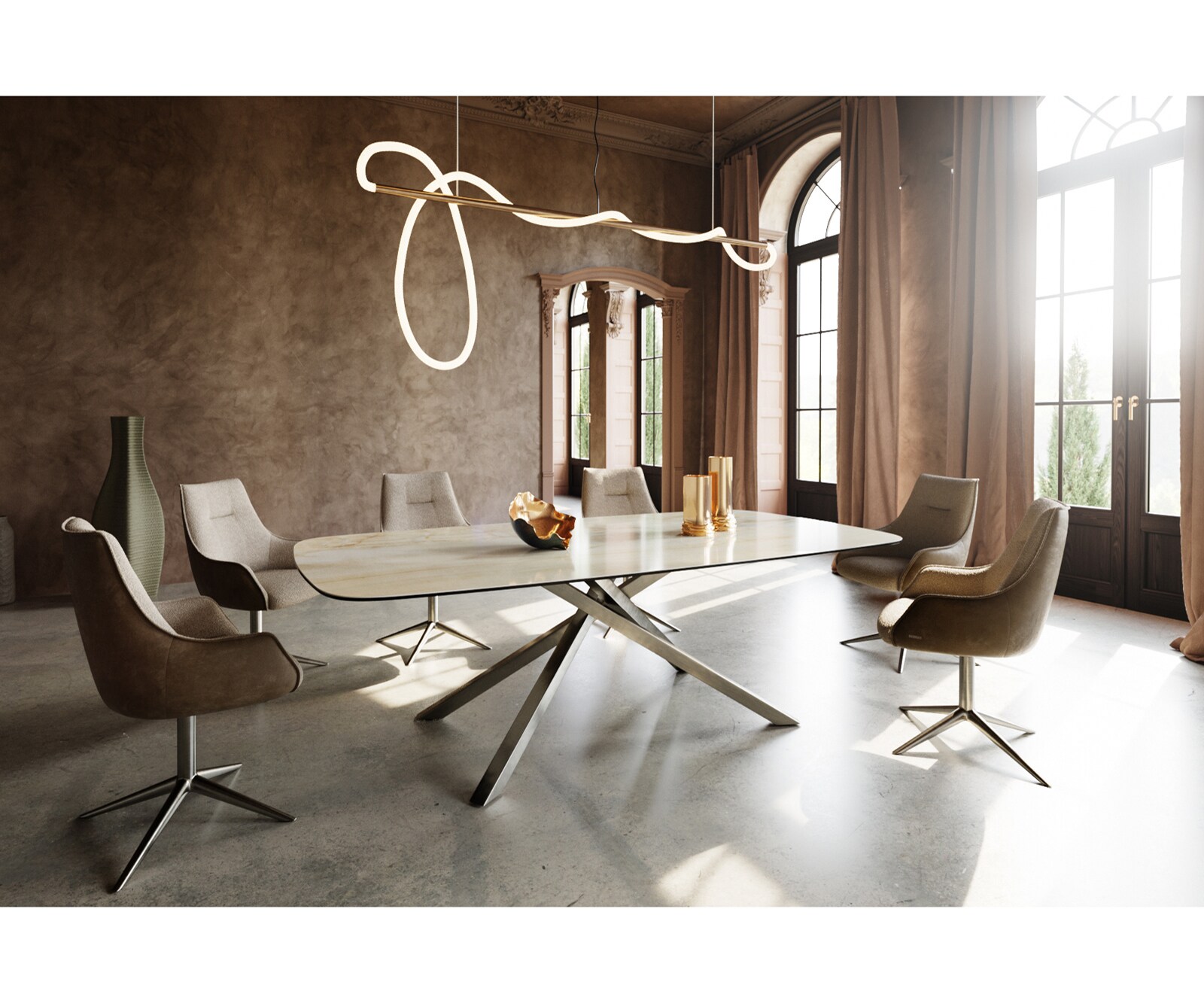 Table à manger Edge Boot 240x120 cm Céramique Iris FMG Onice Oro piètement en croix Rectangle Acier inoxydable 6