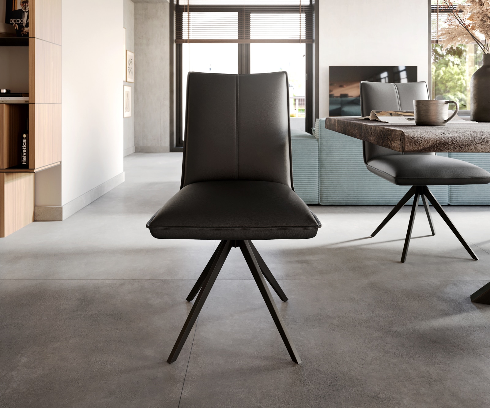 Chaise-de-salle-à-manger Lelio-Flex cuir de vache noir pied croisé large noir ressorts ensachés 2