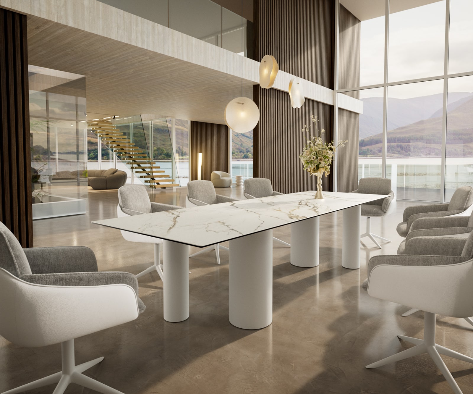 Table à manger Edge 300x100 Céramique Calacatta Luxe Blanc-Doré-Gris Pilier Métal Blanc 5 Table à manger Edge 300x100 Céramique Calacatta Luxe Blanc-Doré-Gris Pilier Métal Blanc 5