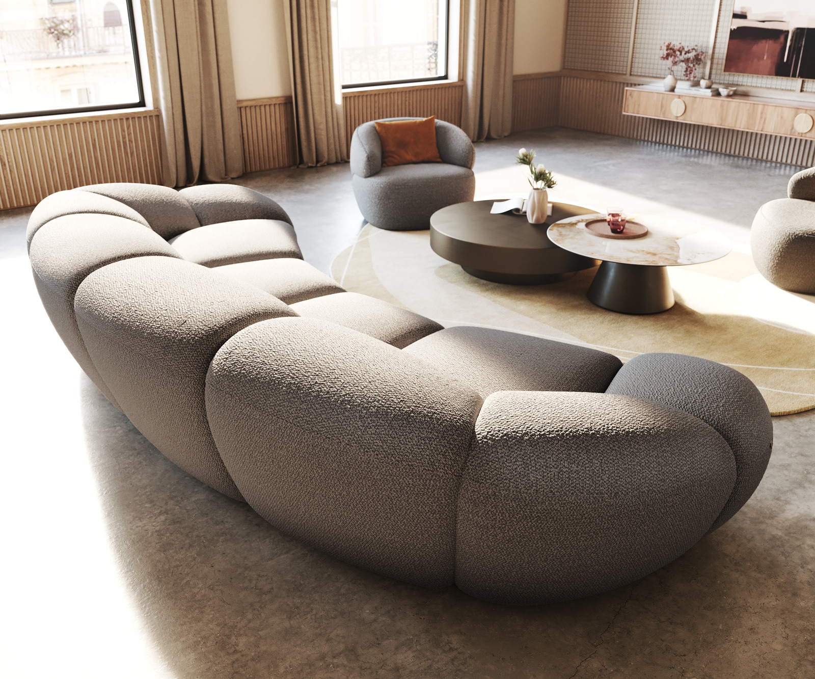 Grand canapé Lunna 360x175 cm Bouclé gris argenté 2 coussins 5 Grand canapé Lunna 360x175 cm Bouclé gris argenté 2 coussins 5