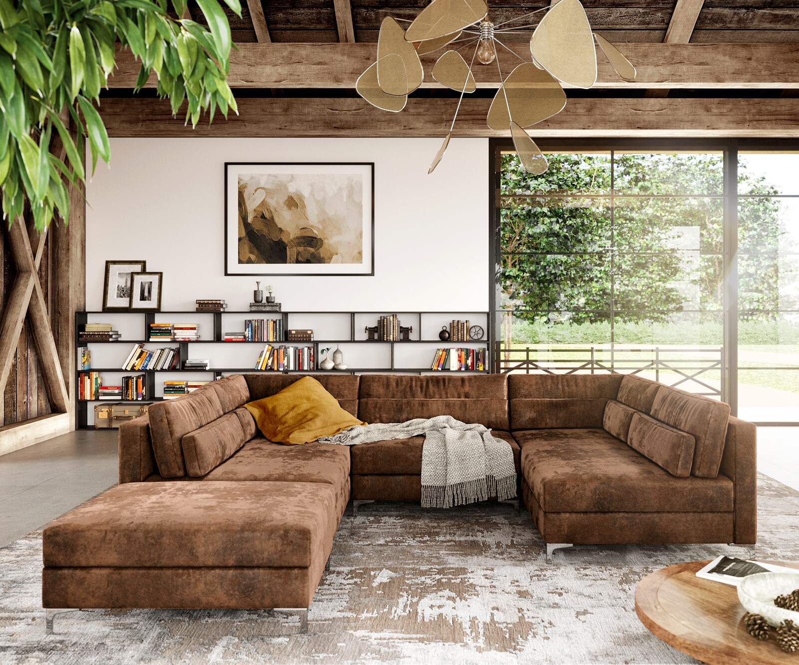 Canapé-panoramique Elio 300x185 cm simili cuir vintage marron antique avec pouf 2