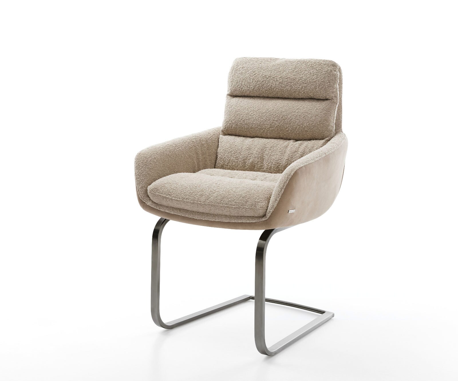 Cantilever Abelia-Flex avec accoudoirs tissu mixte couleur boue pied cantilever plat acier inoxydable brossé