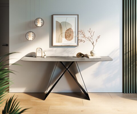 Console Edge forme bateau 180x40 cm Céramique Gris béton Velio Métal Noir
