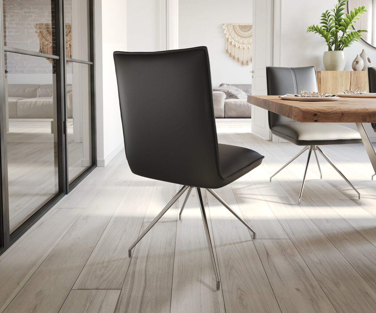 Chaise-de-salle-à-manger Lelio-Flex cuir de vache noir pied croisé conique acier inoxydable brossé ressorts ensachés 4