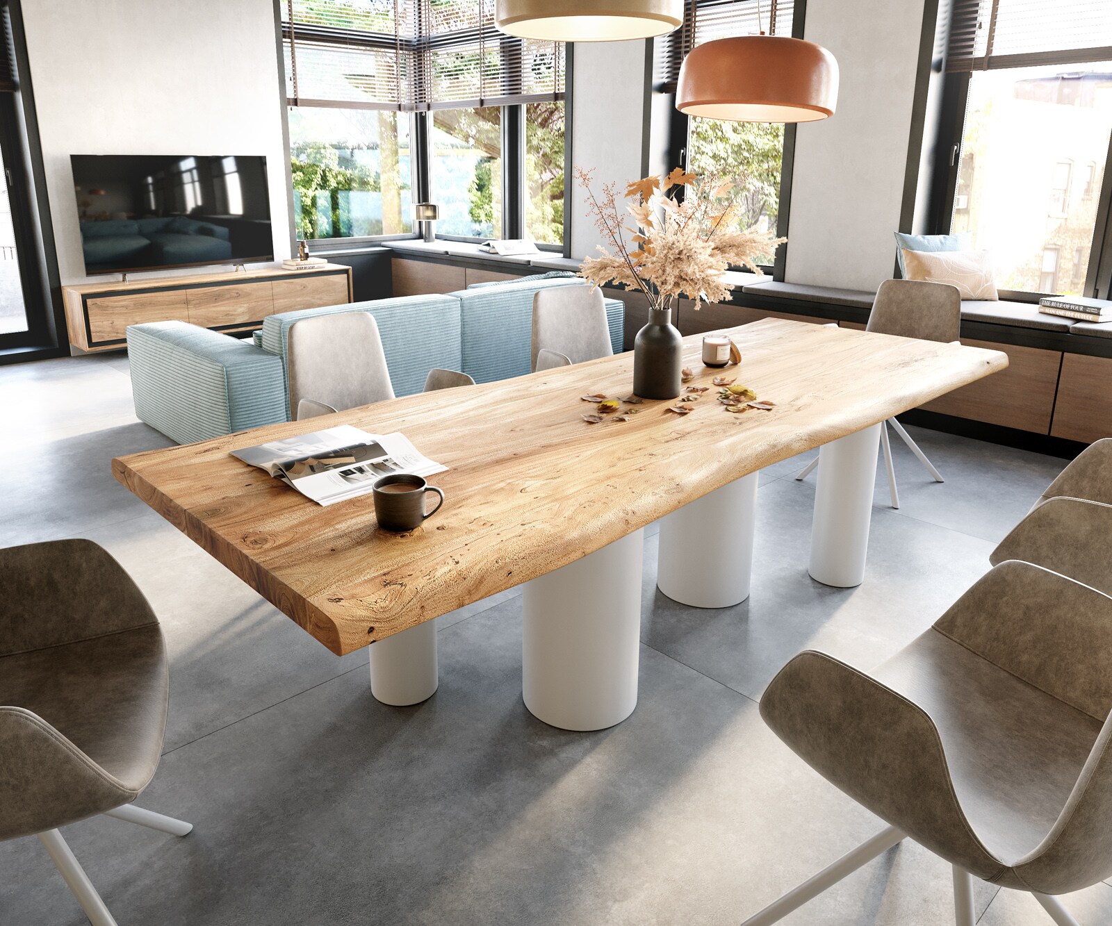 Table à manger Edge 280x100 XL Acacia Nature Pilier Métal Blanc Live-Edge