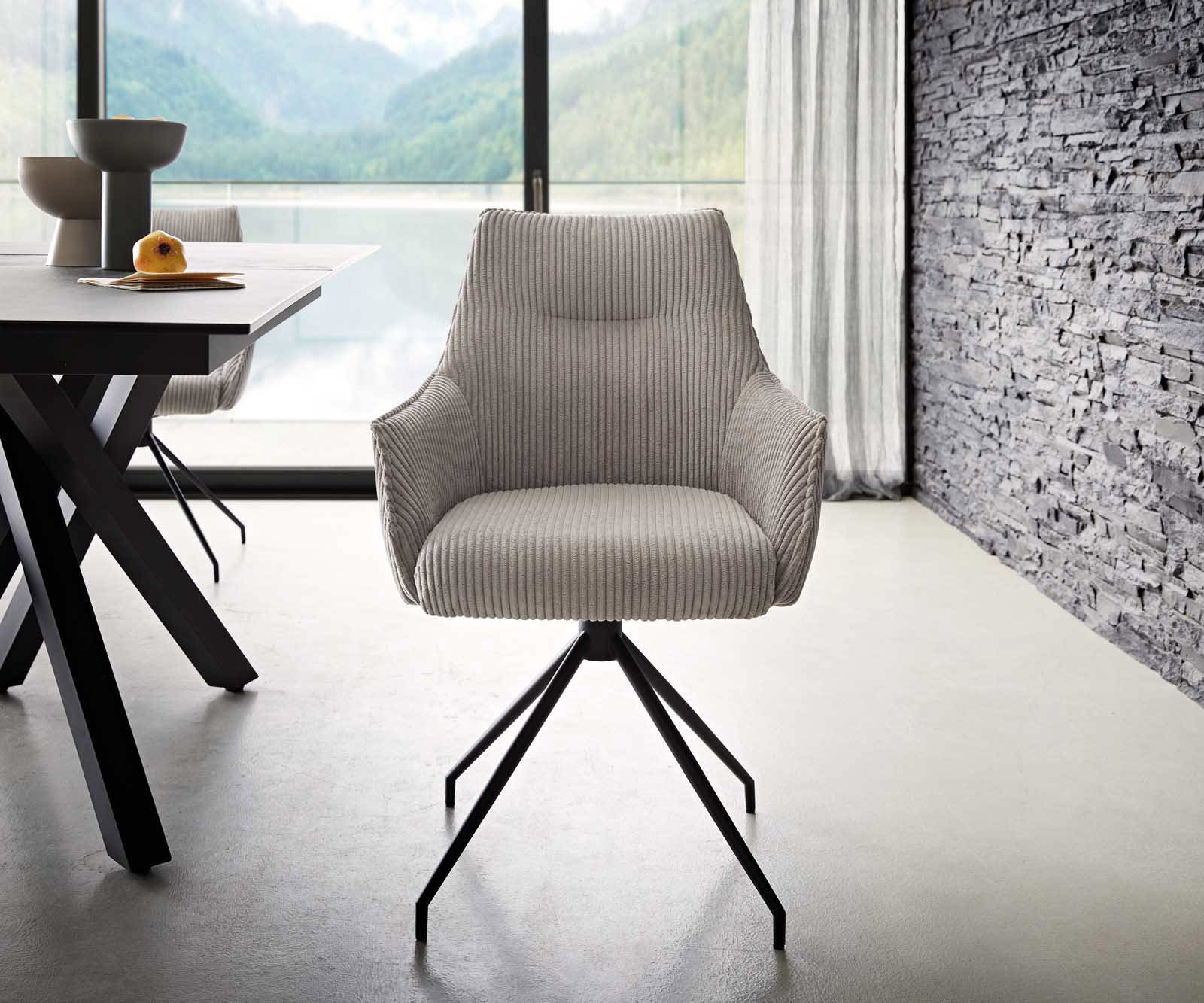 Chaise-pivotante Alja-Flex avec accoudoirs côtelé gris argenté pied croisé conique noir pivotement sur 180° ressorts ensachés 1 Chaise-pivotante Alja-Flex avec accoudoirs côtelé gris argenté pied croisé conique noir pivotement sur 180° ressorts ensachés 1