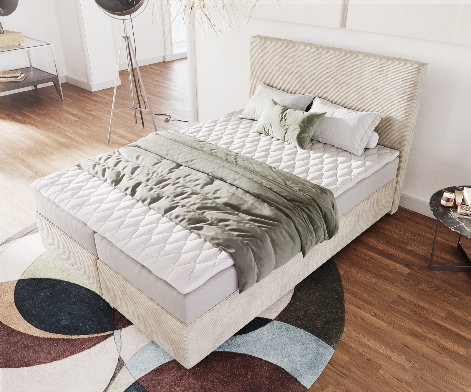 Lit-à-sommier-tapissier Dream-Well 140x200 cm Velours côtelé Beige avec matelas et surmatelas  3