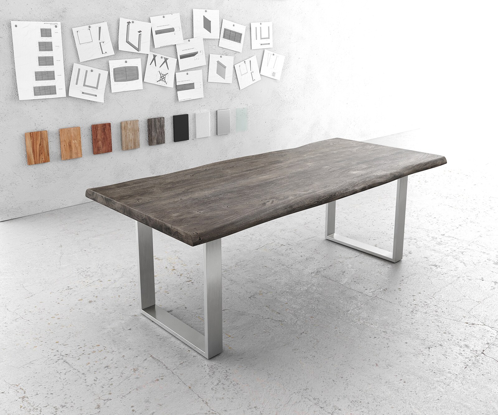 Table-à-manger Edge 220x100cm XL acacia platine acier inoxydable mince Live-Edge 1