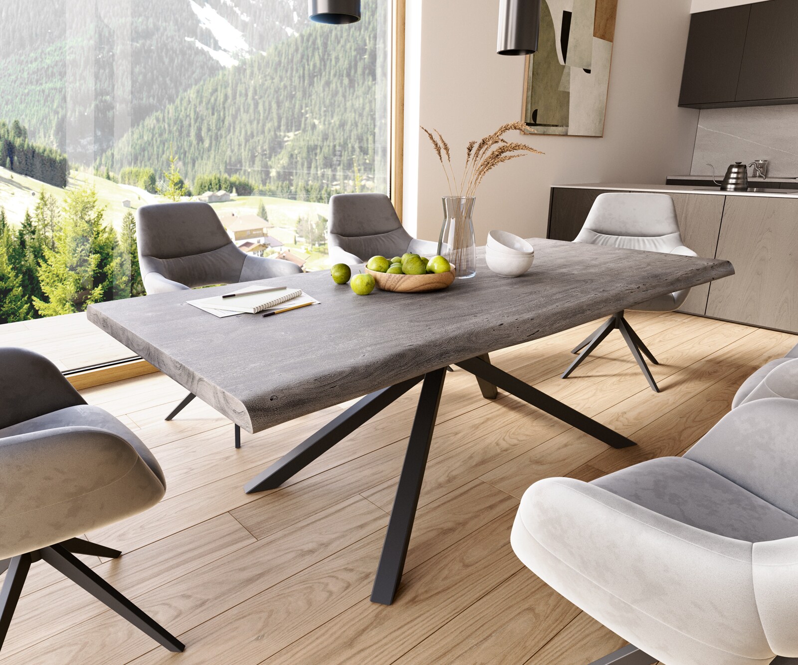 Table à manger Edge 220x100 XL acacia platine cadre croisé rectangle noir Live-Edge 1
