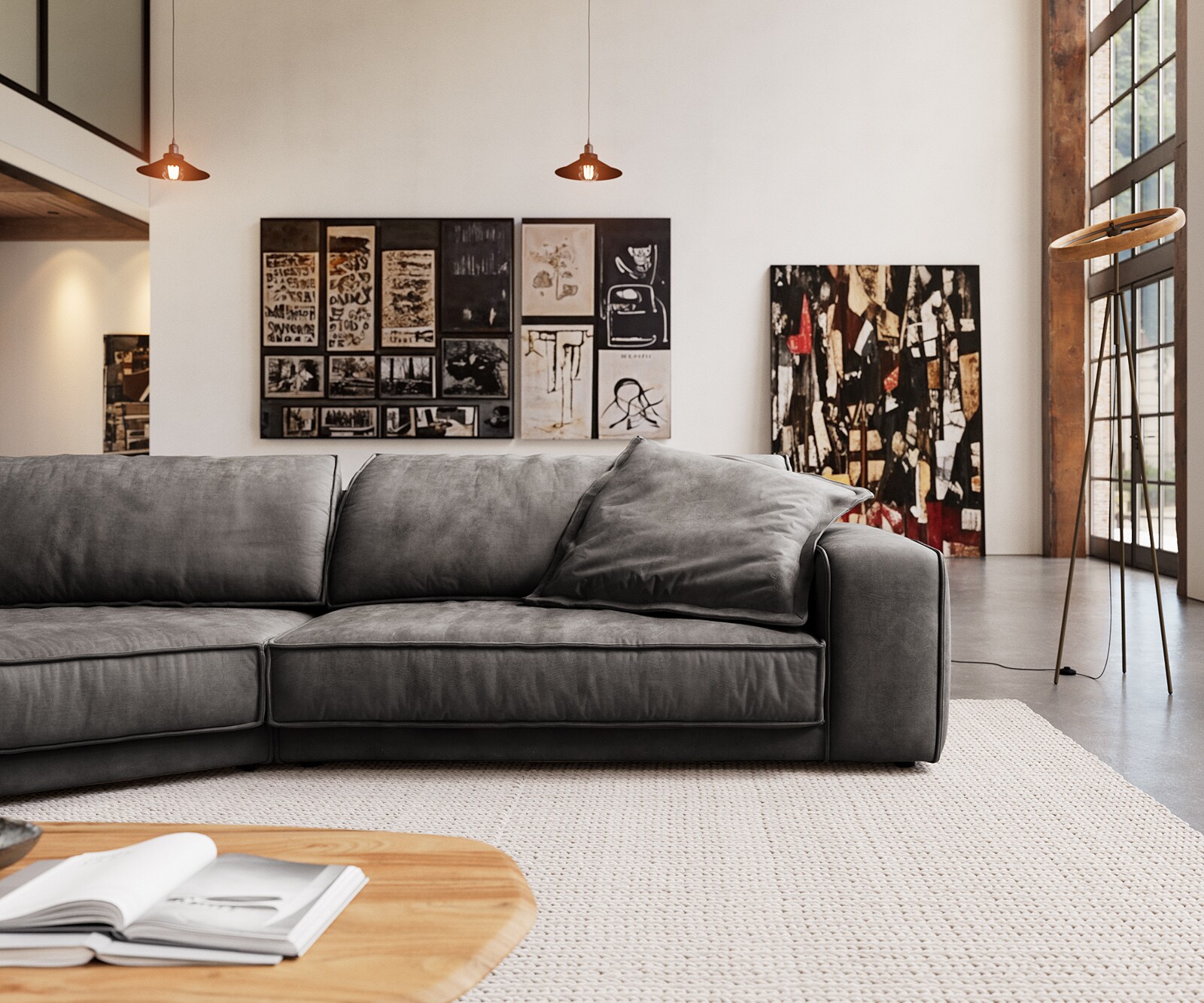 Canapé Snoosh 400x150 cm microfibre noire vintage avec méridienne à gauche 2