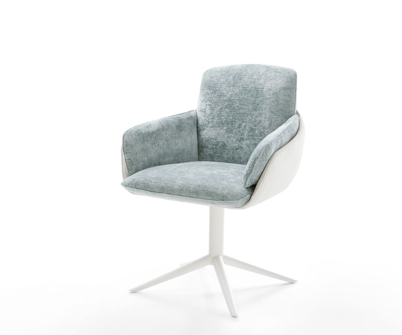 Chaise-pivotante Luan-Flex avec accoudoirs tissu mixte cuir de vache blanc-bleu pastel pied de chaise 4 branches blanc pivotement sur 360° fonction bascule