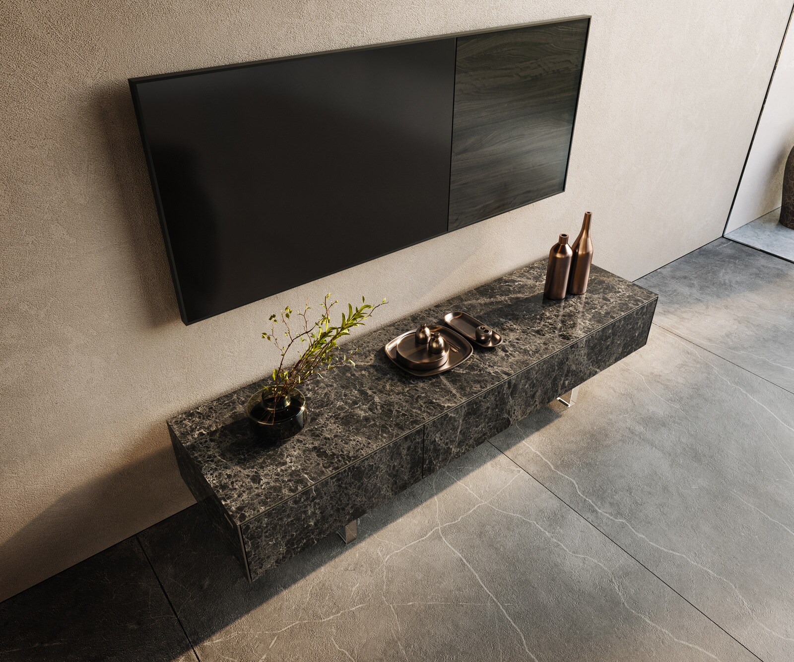 Meuble-TV Cuor 150 cm Céramique Laminam® Emperador Extra Lucidato brun foncé 1 Clapet 1 Tiroir Pied optique flottant Verre acrylique 3