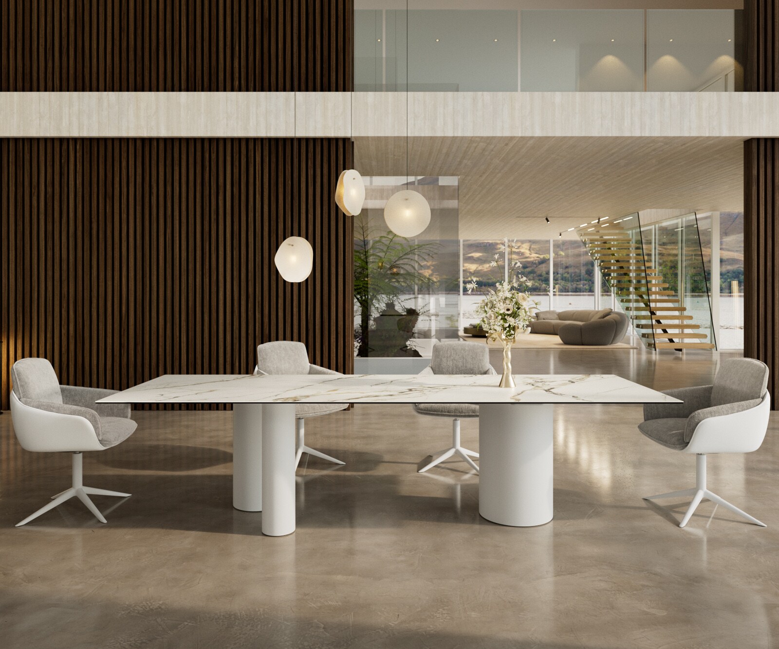 Table à manger Edge 300x100 Céramique Calacatta Luxe Blanc-Doré-Gris Troa Métal Blanc