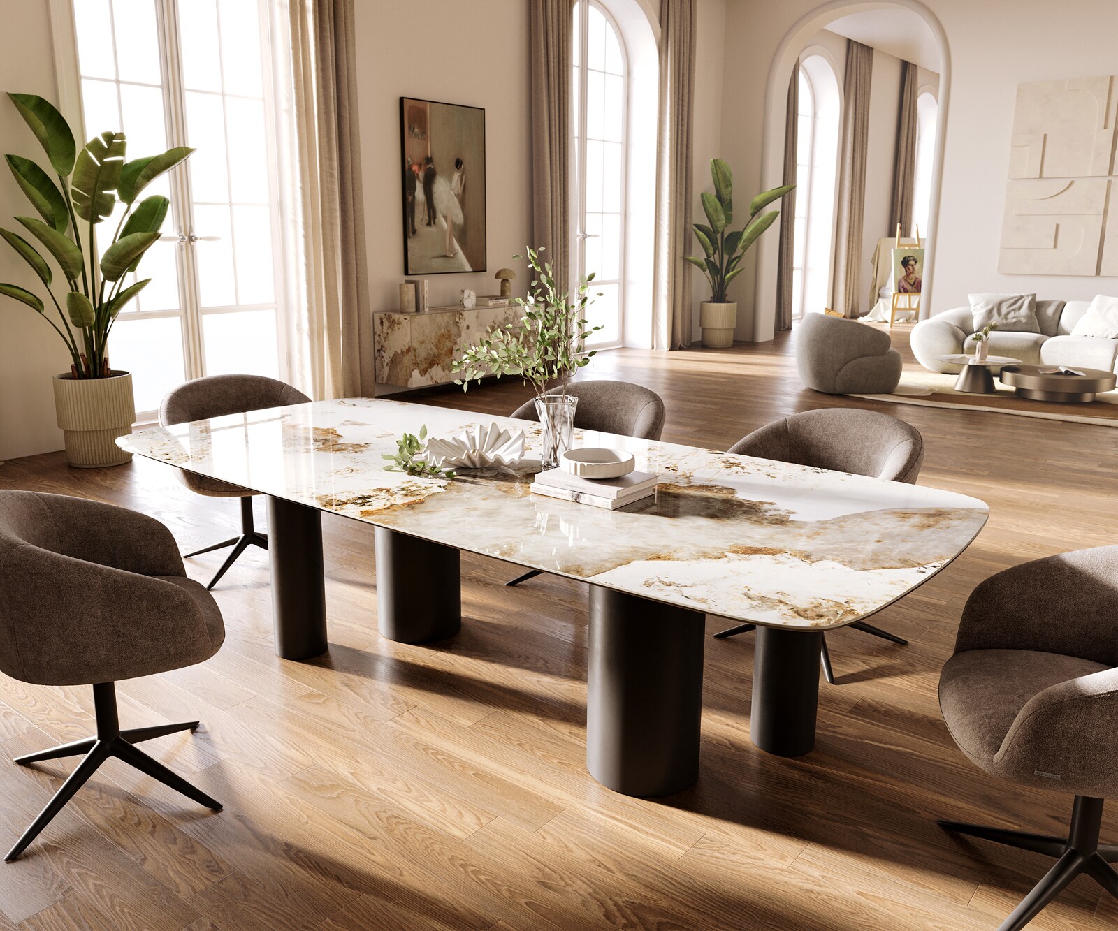 Table à manger Edge Boot 260x120 cm Céramique Minas Melange Blanc-Beige Pilier Métal Noir