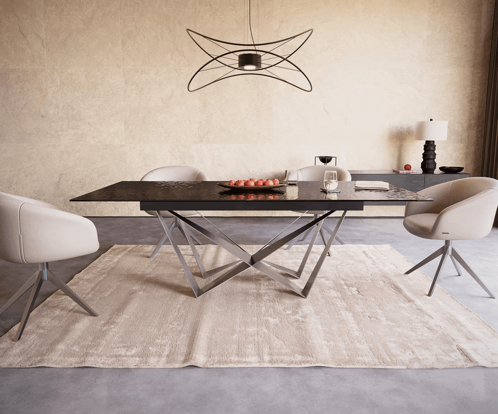 Table à manger Edge 180-220x100 verre fondu noir fumé relief en 3D Spider acier plat acier inoxydable extensible 2