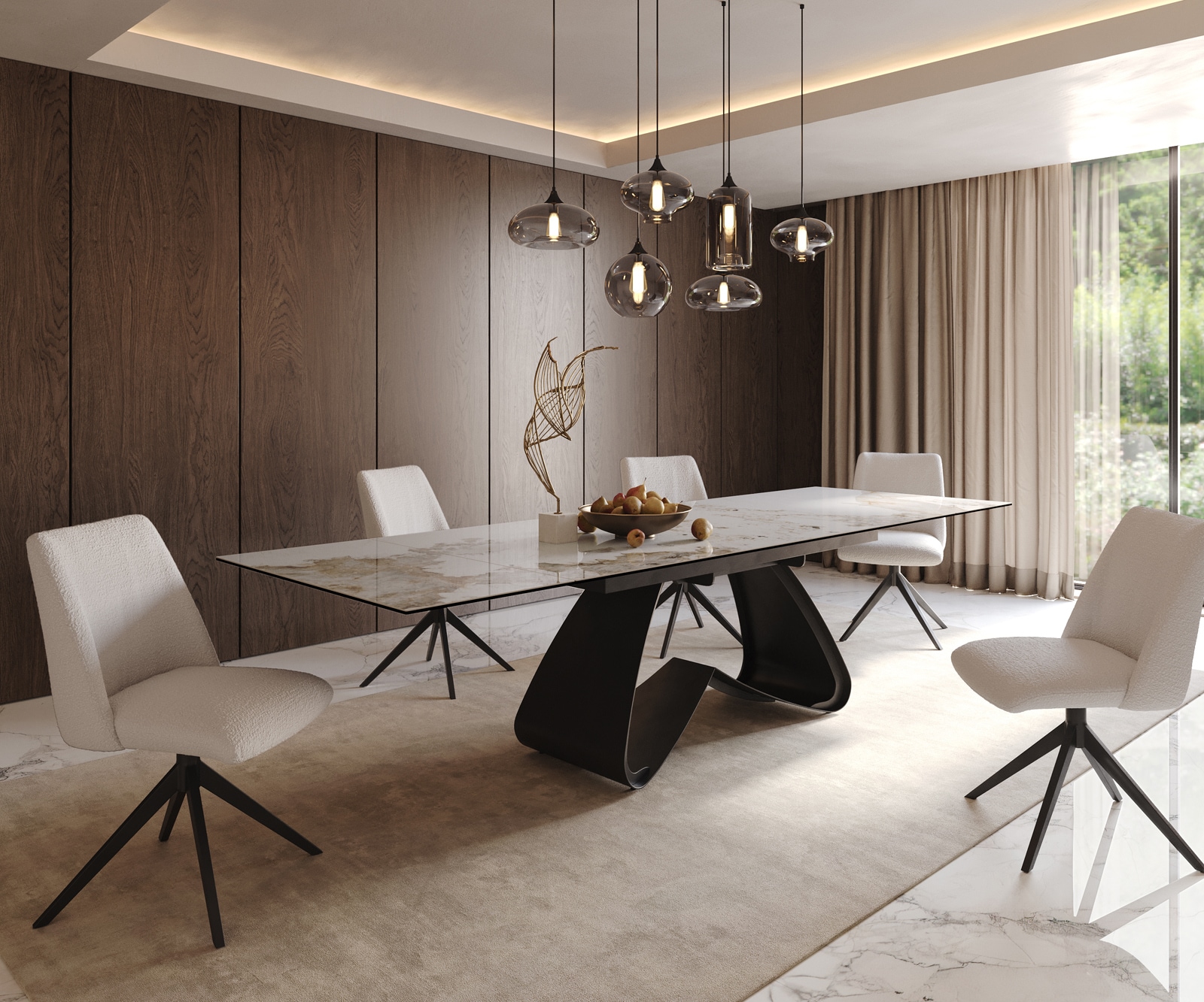 Table à manger Edge 200-300x100 céramique Minas mélange blanc-beige cadre en W noir extensible 8