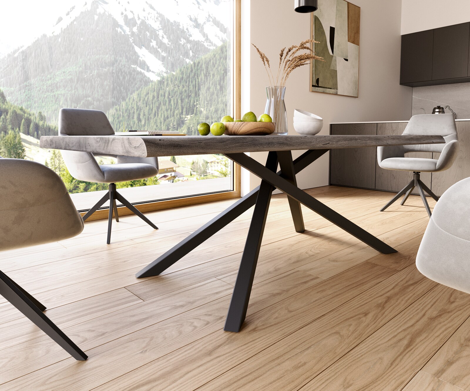 Table à manger Edge 220x100 XL acacia platine cadre croisé rectangle noir Live-Edge 6