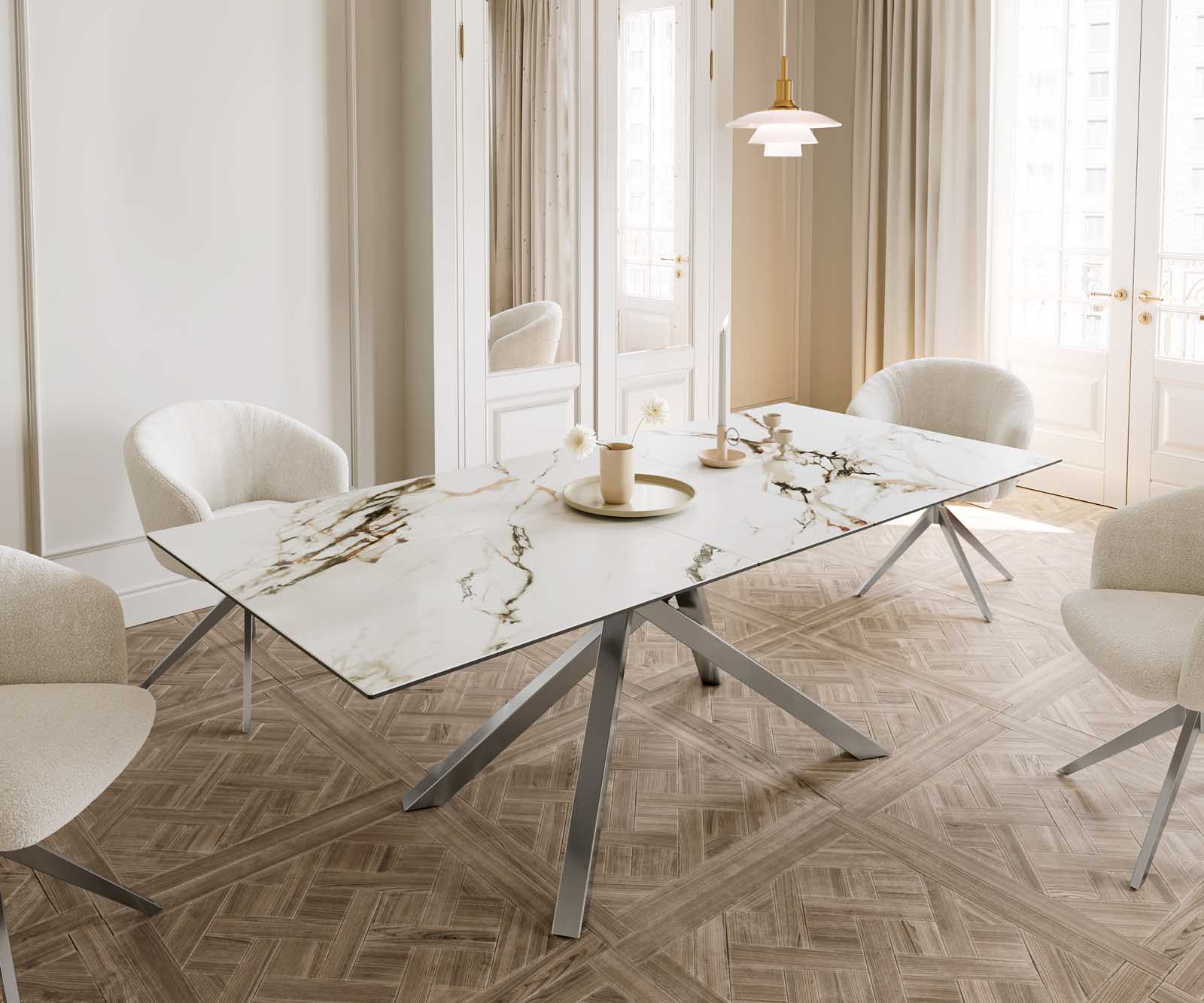 Table à manger Edge 180-220x100 céramique Calacatta Luxe blanc-doré-gris cadre croisé rectangulaire acier inoxydable extensible Table à manger Edge 180-220x100 céramique Calacatta Luxe blanc-doré-gris cadre croisé rectangulaire acier inoxydable extensible