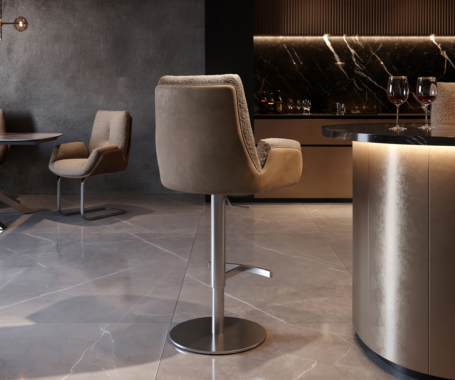 Chaise-de-bar Clea-Flex mélange de matériaux boue pied pivotant réglable en hauteur acier inoxydable pivotant ressorts ensachés 3