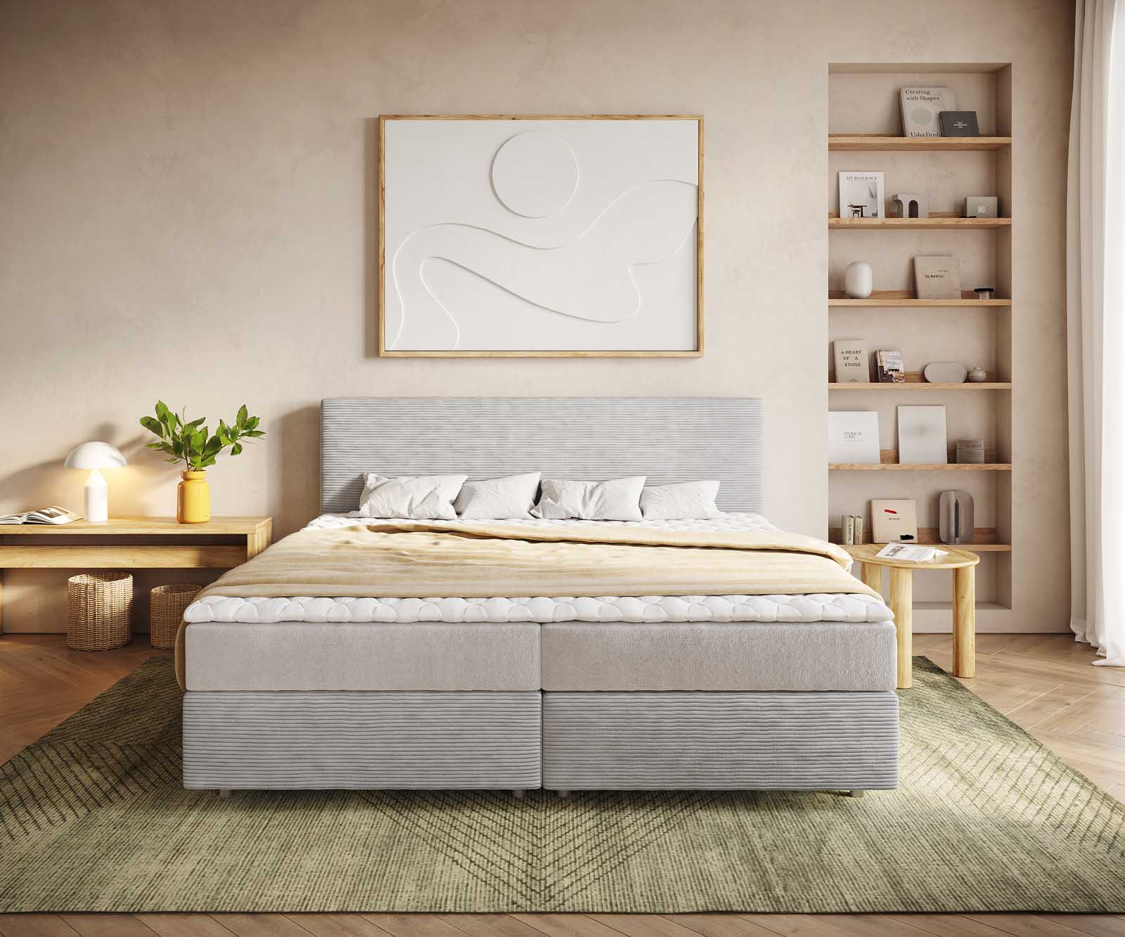 Lit à sommier tapissier Dream-Well Cordon gris argenté 200x200 cm avec matelas à ressorts ensachés et surmatelas viscoélastique 2