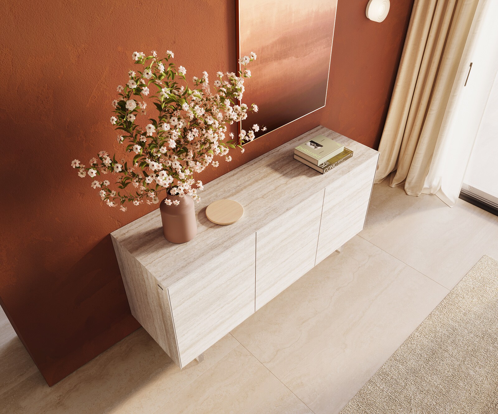 Buffet Cuor 150 cm Céramique Laminam® Travertino Bianco Crème-blanc 3 Portes Pied optique flottant Verre acrylique 3