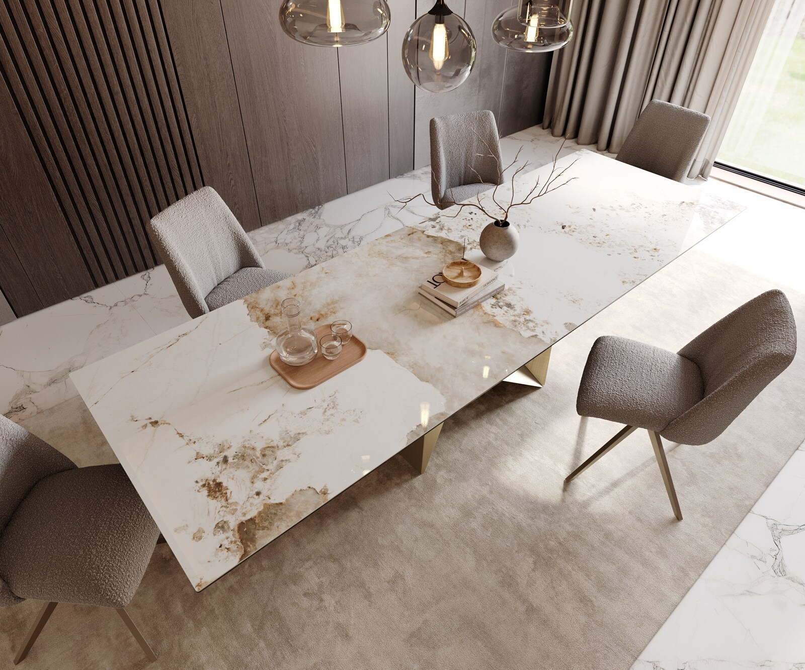 Table à manger Edge 300x100 céramique Minas mélange blanc-beige Origami métallique doré 4