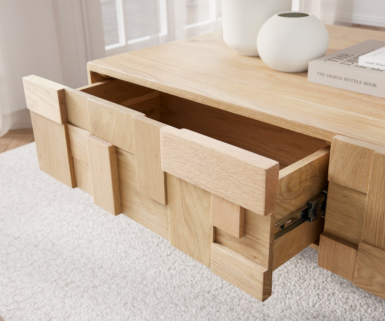 Table-basse Puzzle 120 cm 4 tiroirs chêne naturel pied flottant métal noir 4