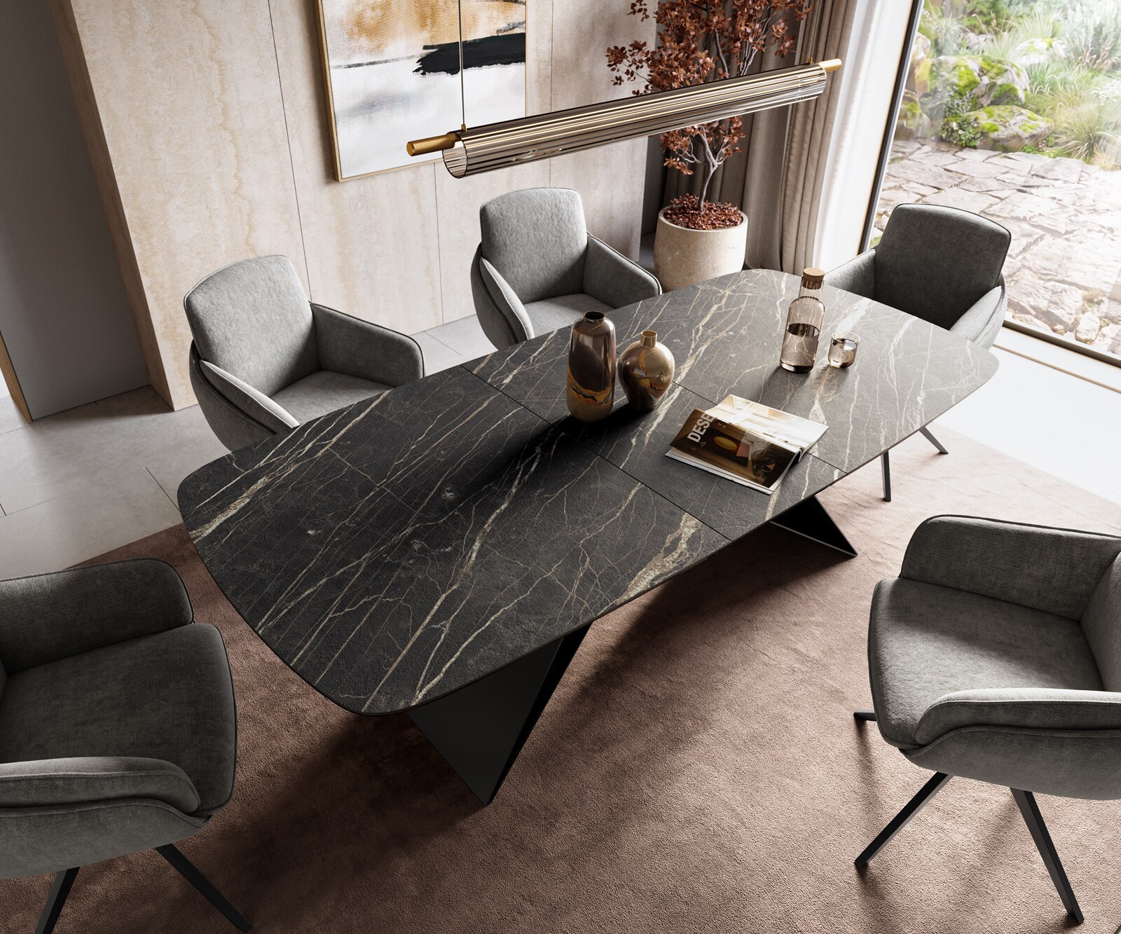 Table à manger Edge Boot 180-220x100 cm Laminam® Céramique Noir Desir Braun piètement en V Flachstahl Noir extensible 4