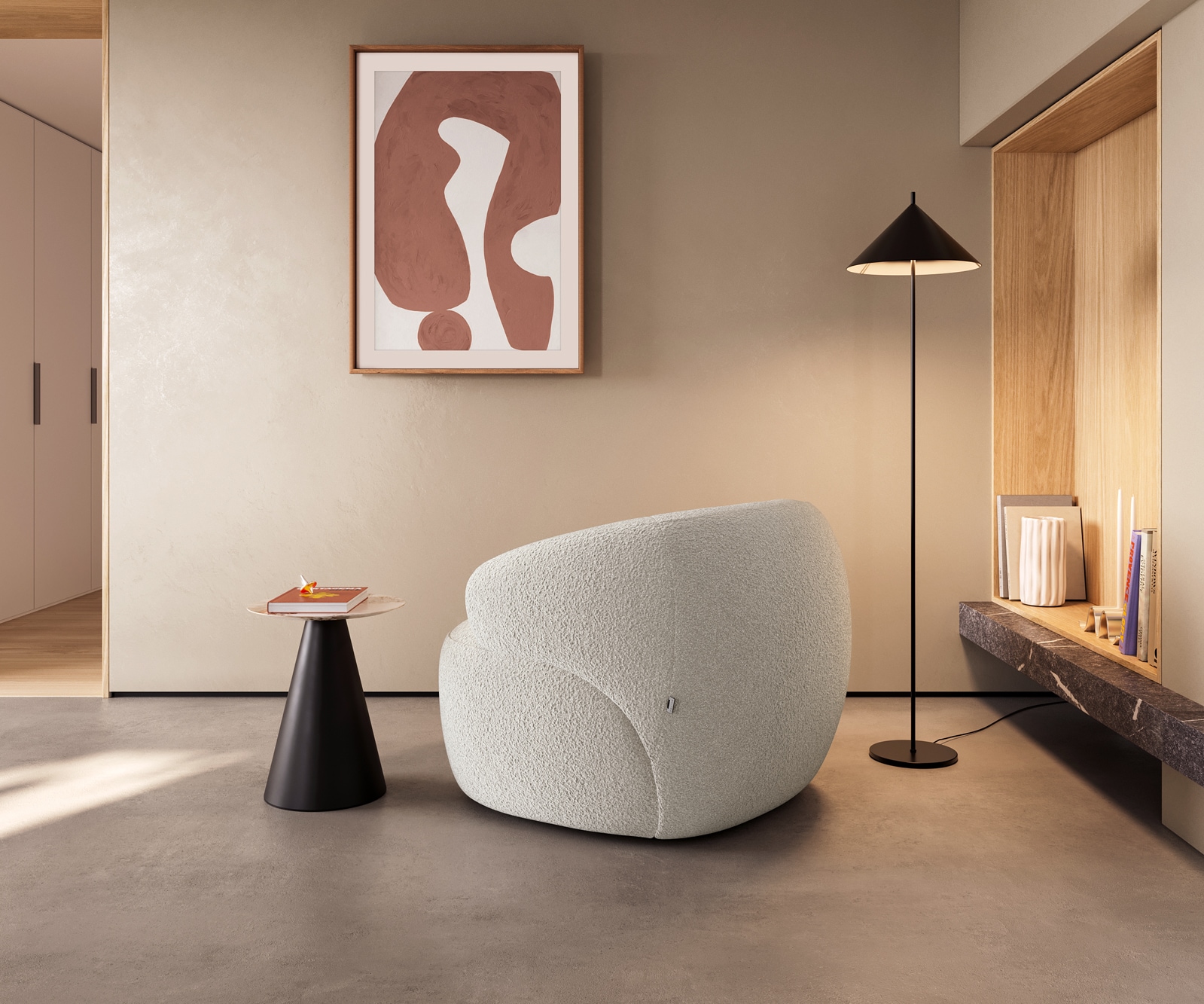 Fauteuil lounge Nova 88x88 cm Bouclé Crème-Blanc 5