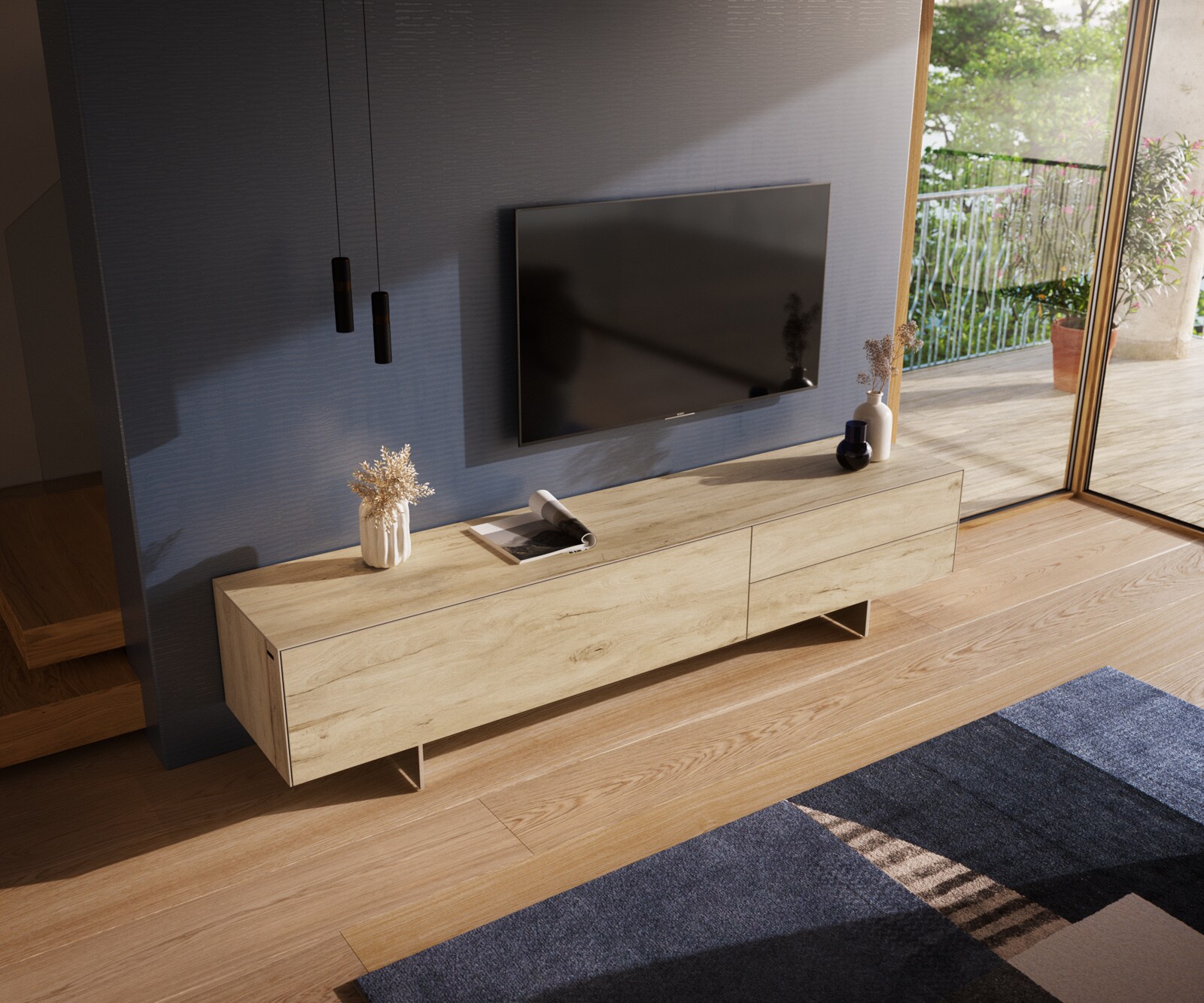 Meuble-TV Cuor 220 cm Céramique Laminam® Sabbia Teinte chêne 1 Clapet 2 Tiroirs Pied optique flottant Ancier inoxydable 4