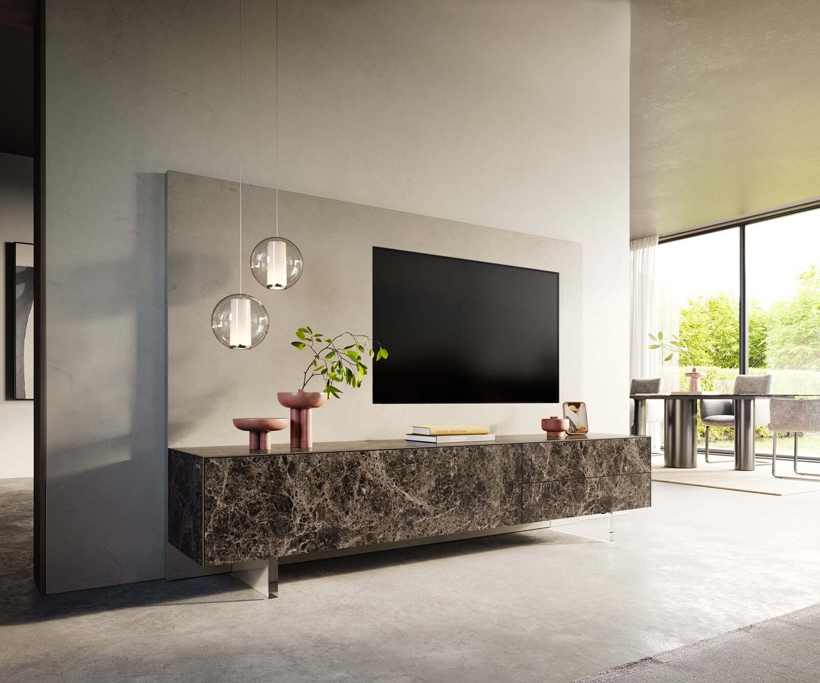 Meuble-TV Cuor 220 cm Céramique Emperador Extra Lucidato brun foncé 1 Clapet 2 Tiroirs Pied optique flottant Verre acrylique 1